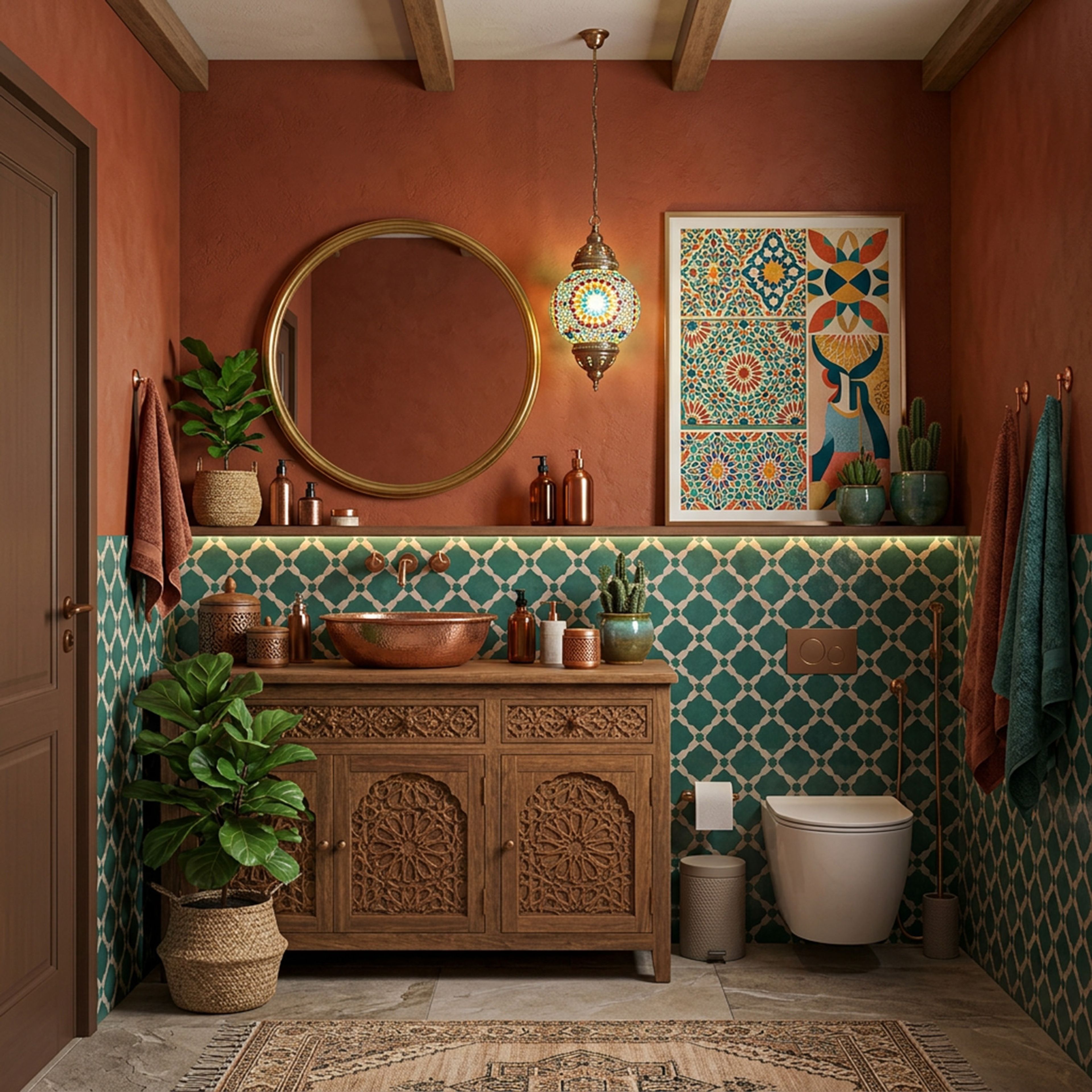 Modern Eclectic Bathroom Design with Moroccan Pendant Lamp and Copper Basin
