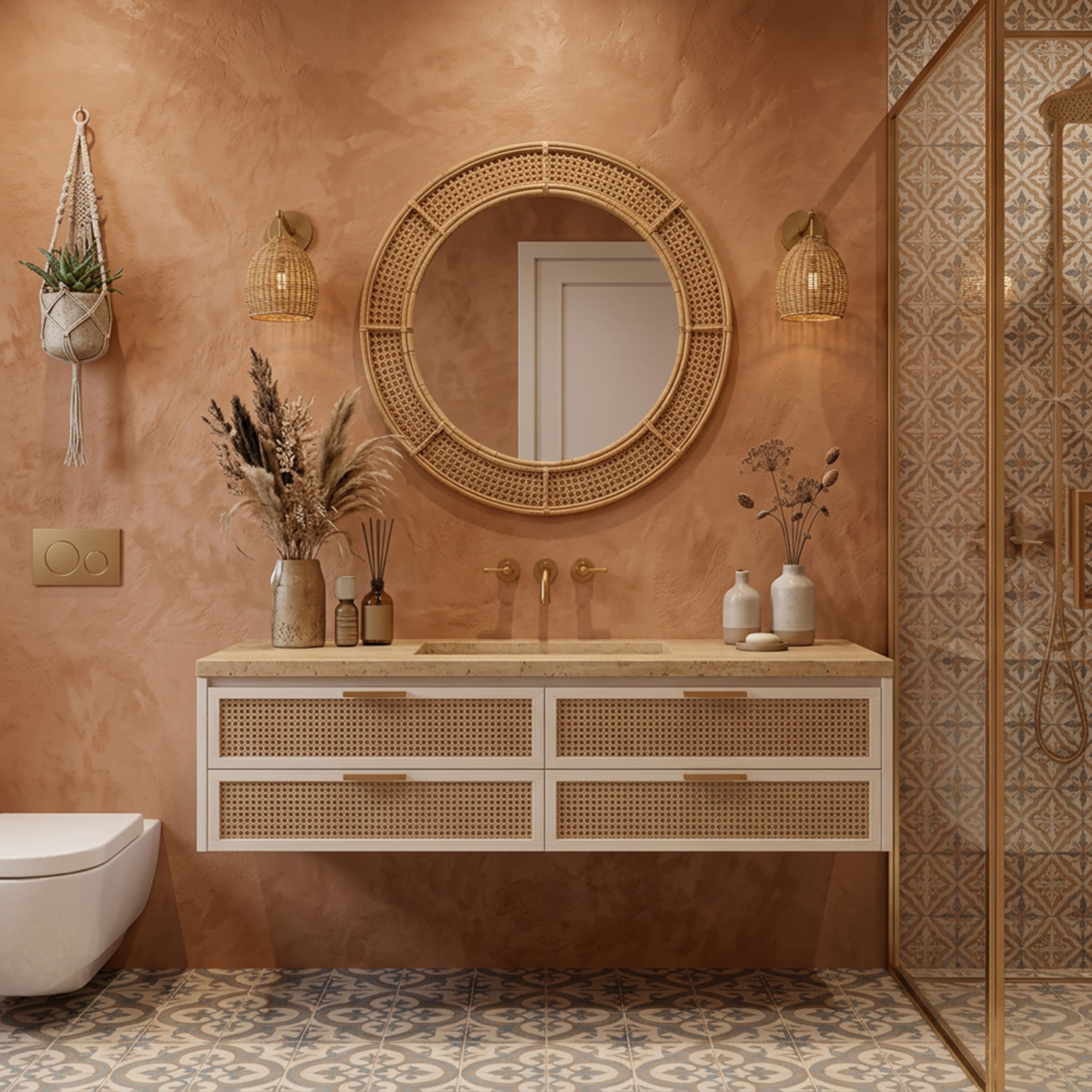 Bohemian Bathroom Design with Rattan Mirror and Terracotta Textured Accent Wall