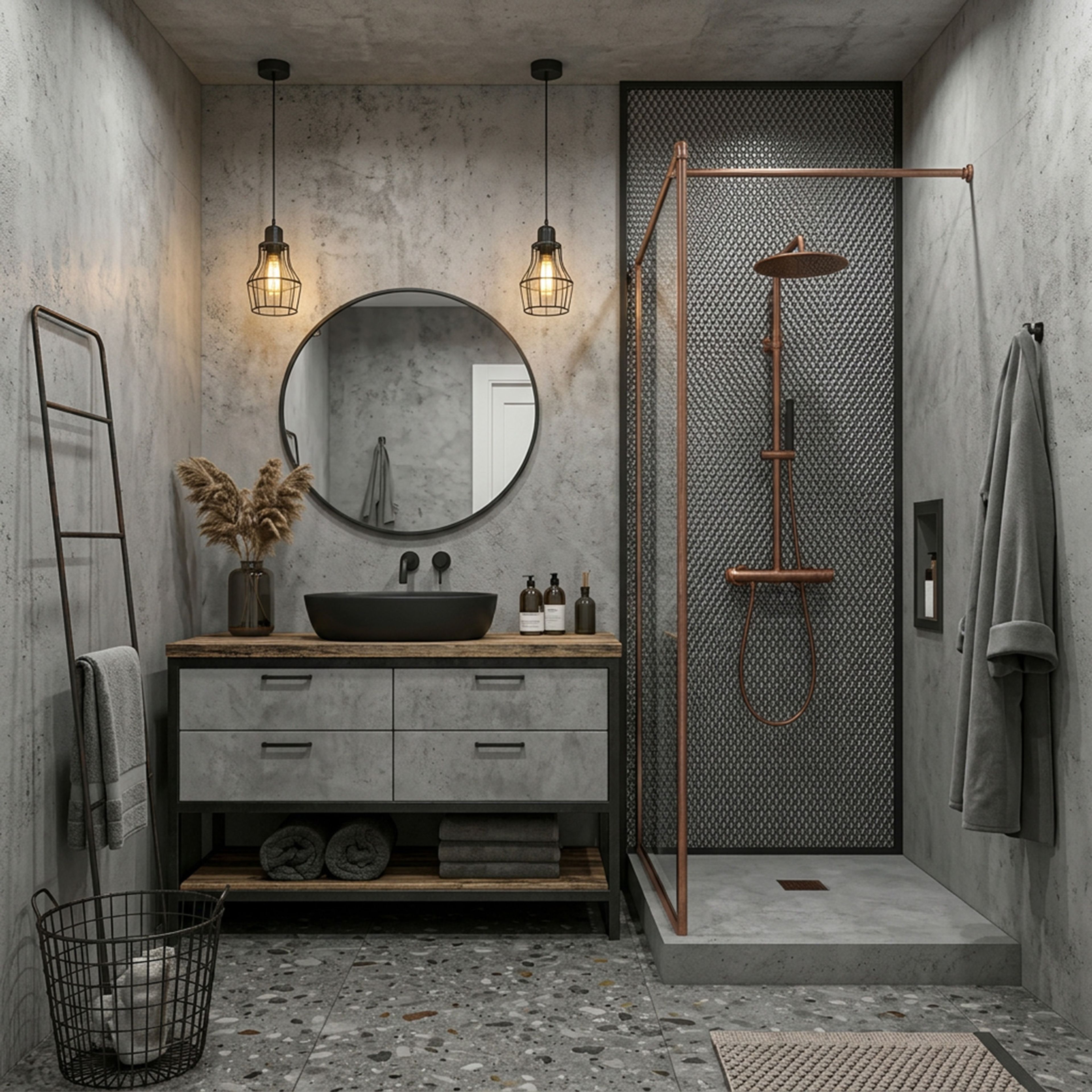 Industrial Bathroom Design with Raw Concrete Walls and Black Metal Ladder Rack