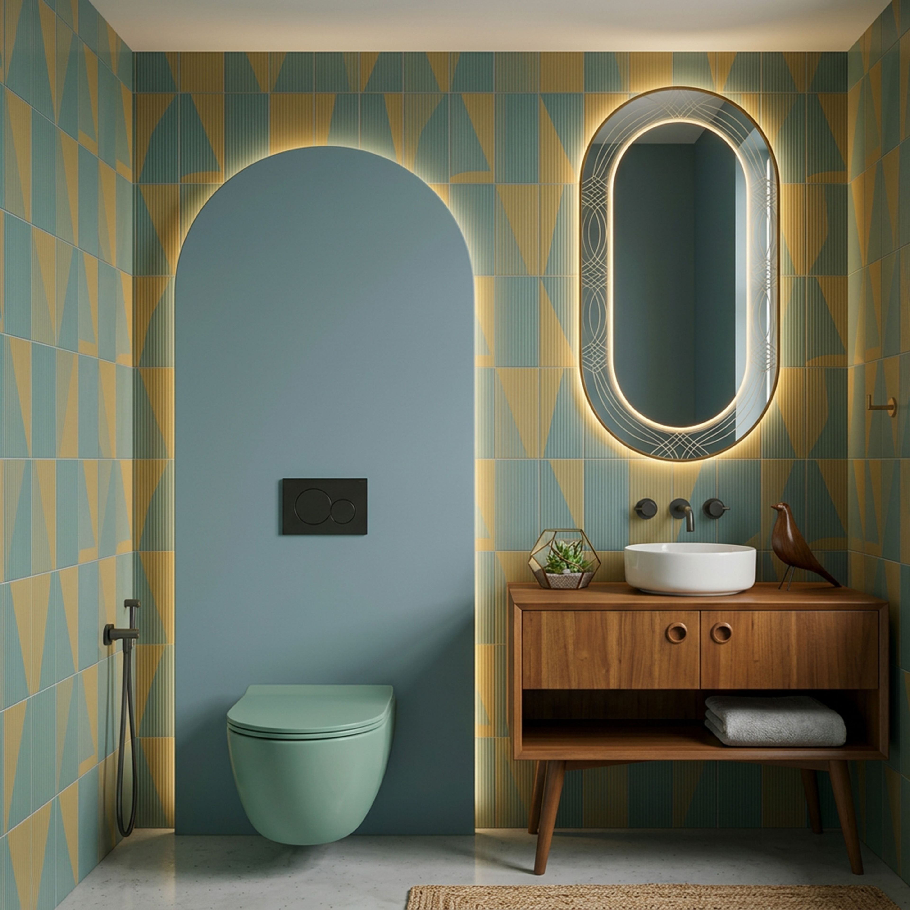 Mid Century Modern Bathroom Design with Freestanding Walnut Tapered Vanities
