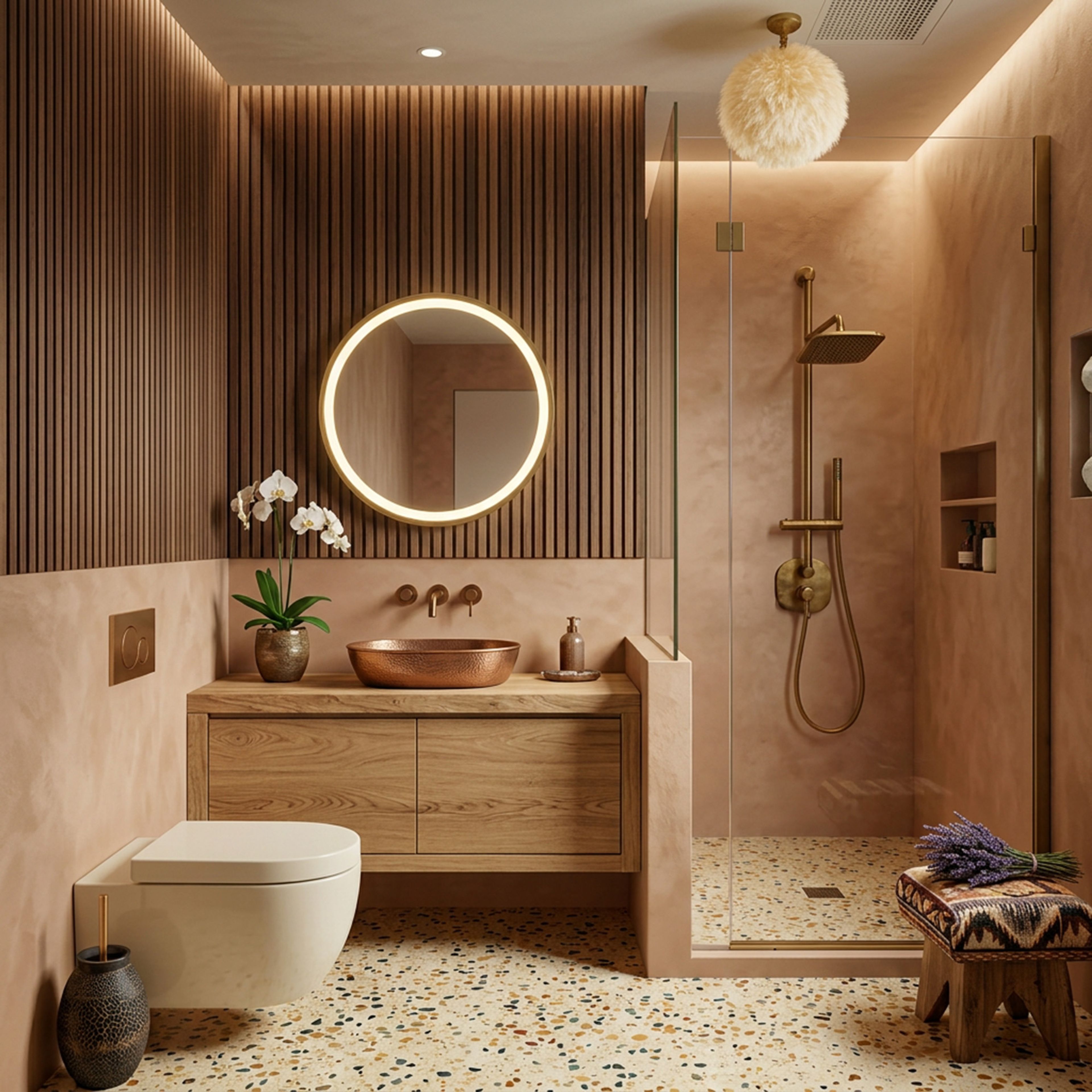 Mediterranean Bathroom Design with Hammered Copper Sink and Slatted Wood Ceiling