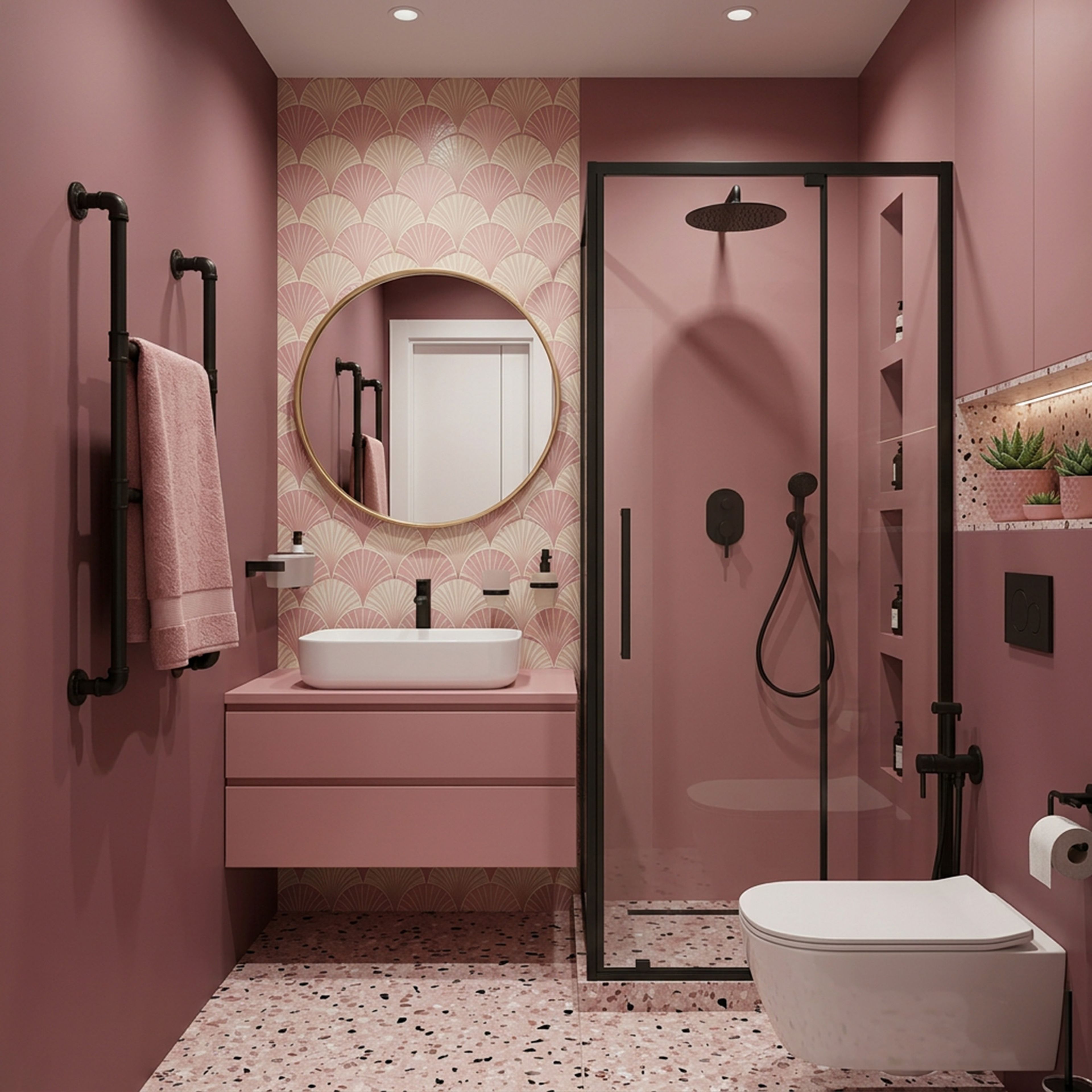 Modern Bathroom Design with Pink Terrazzo Floors and Fan Wallpaper