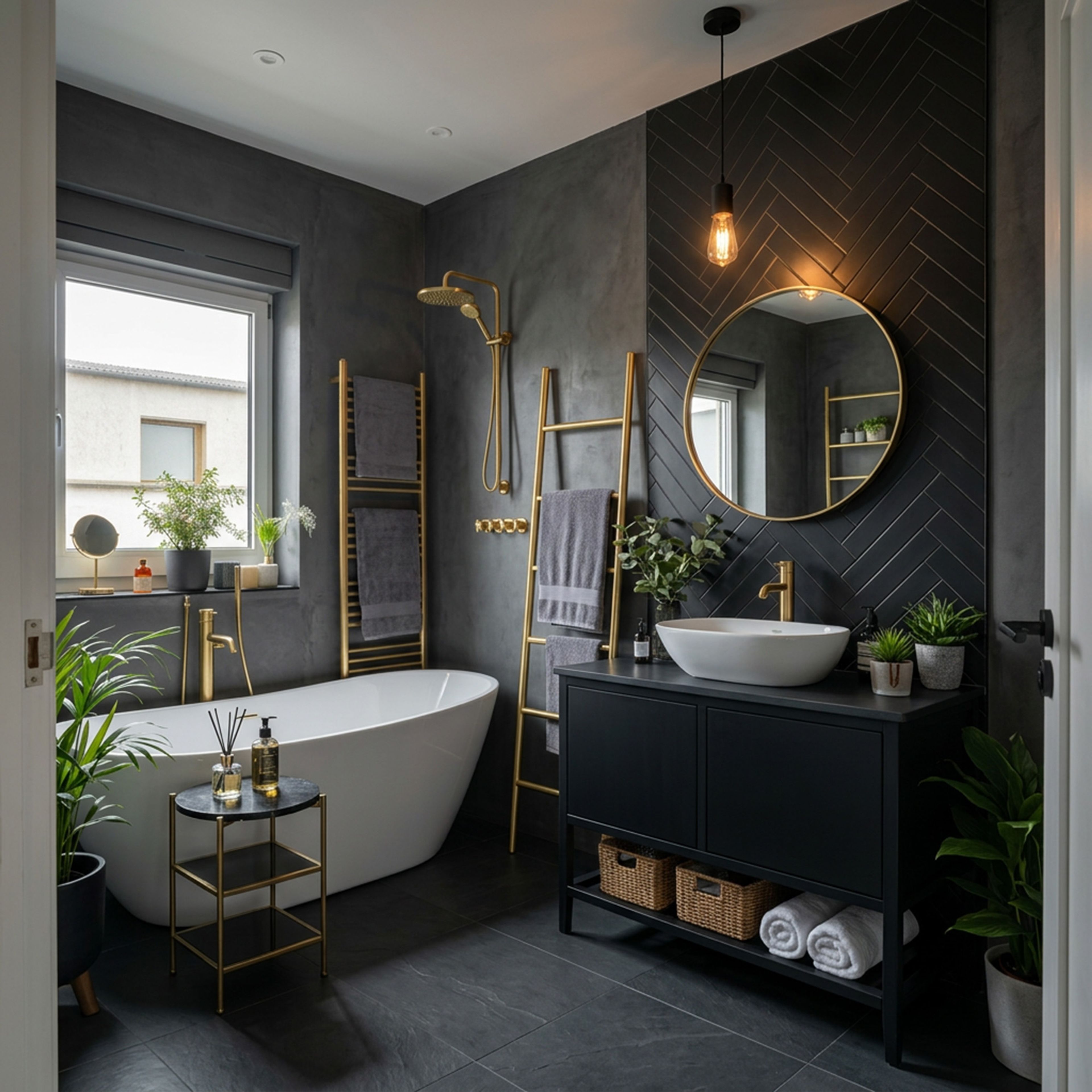 Contemporary Bathroom Design with Grey Herringbone Walls and White Bathtub