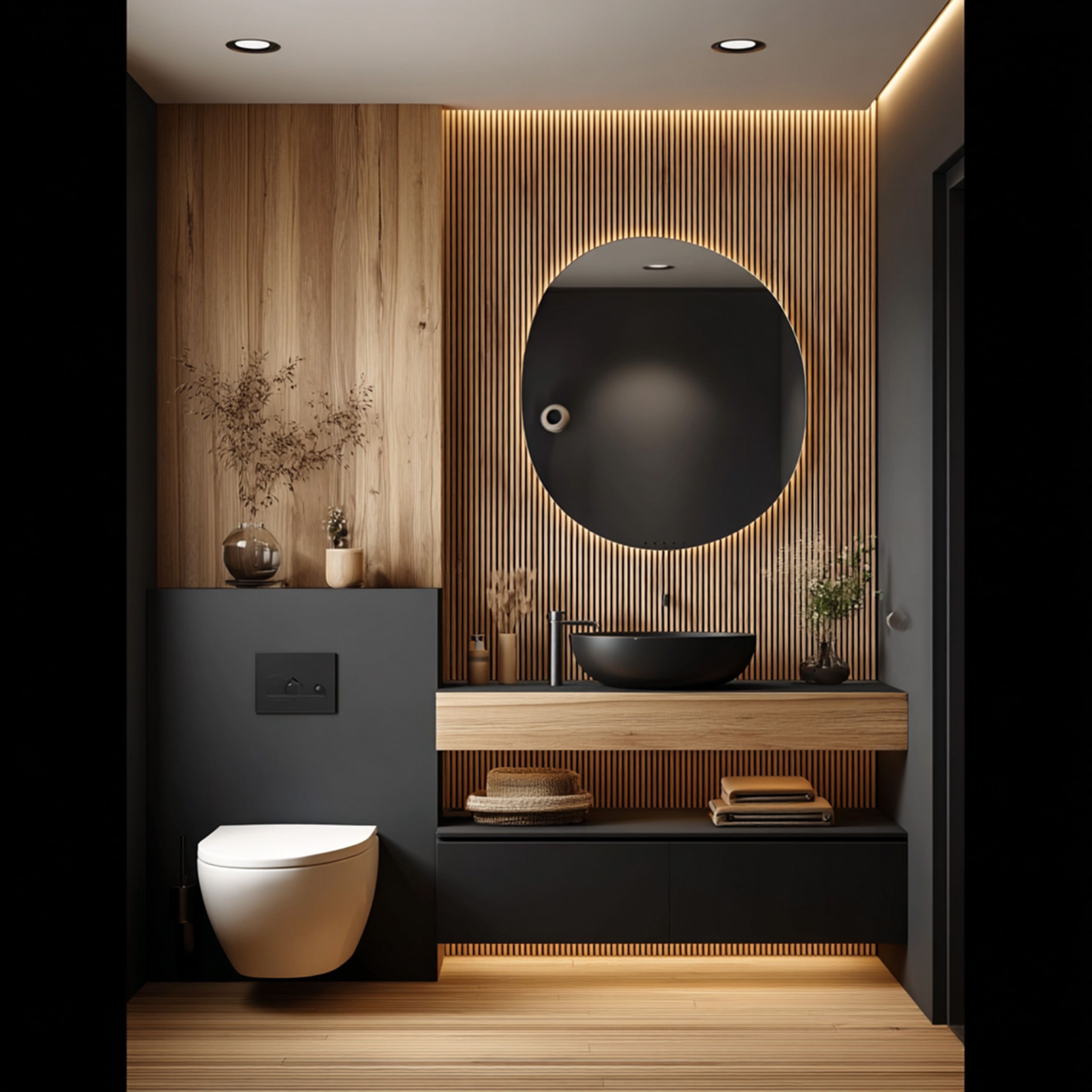 Contemporary Bathroom Design with Black Tiles and Round Mirror