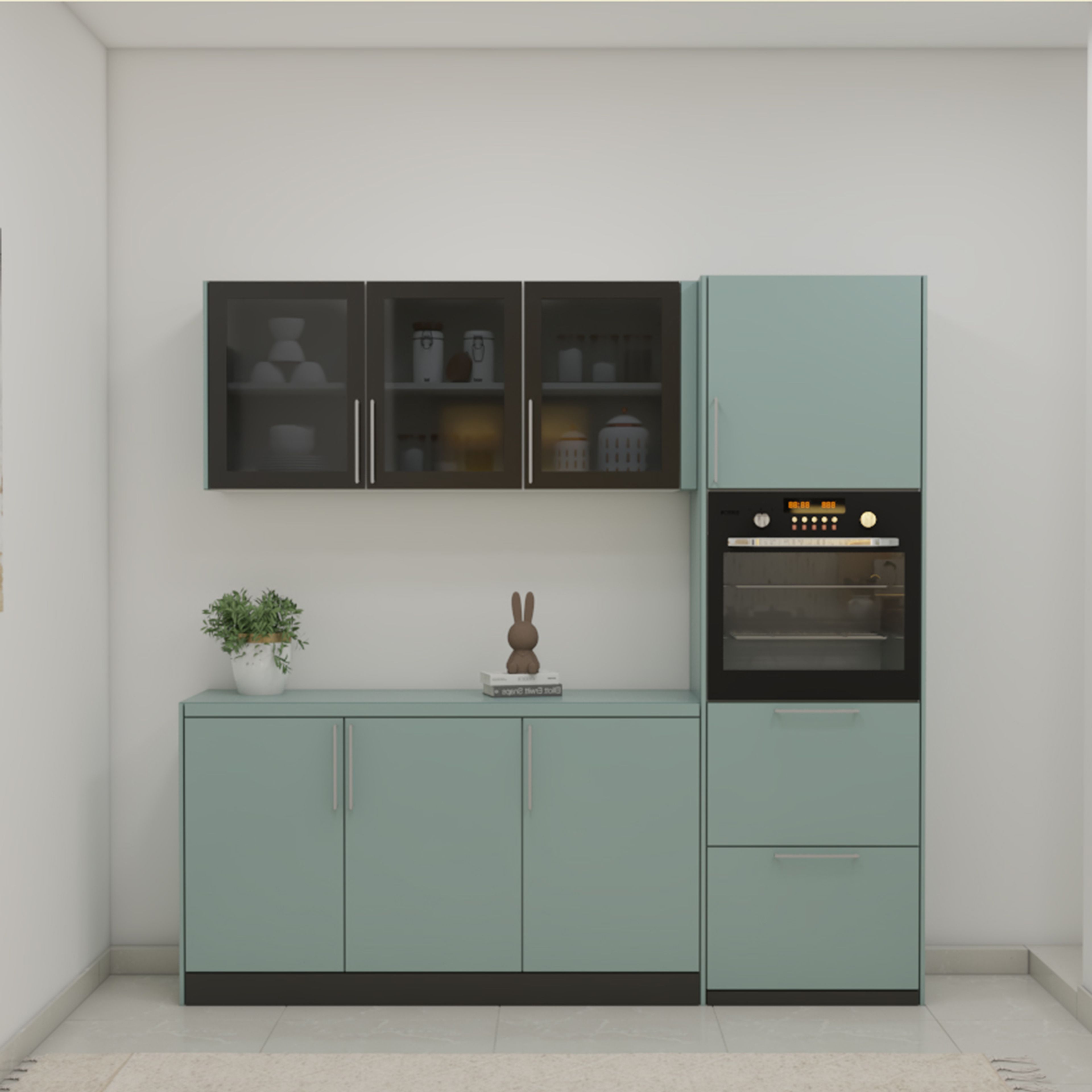 Celestial Blue Modern Crockery Unit Design with Glass Cabinets and Storage