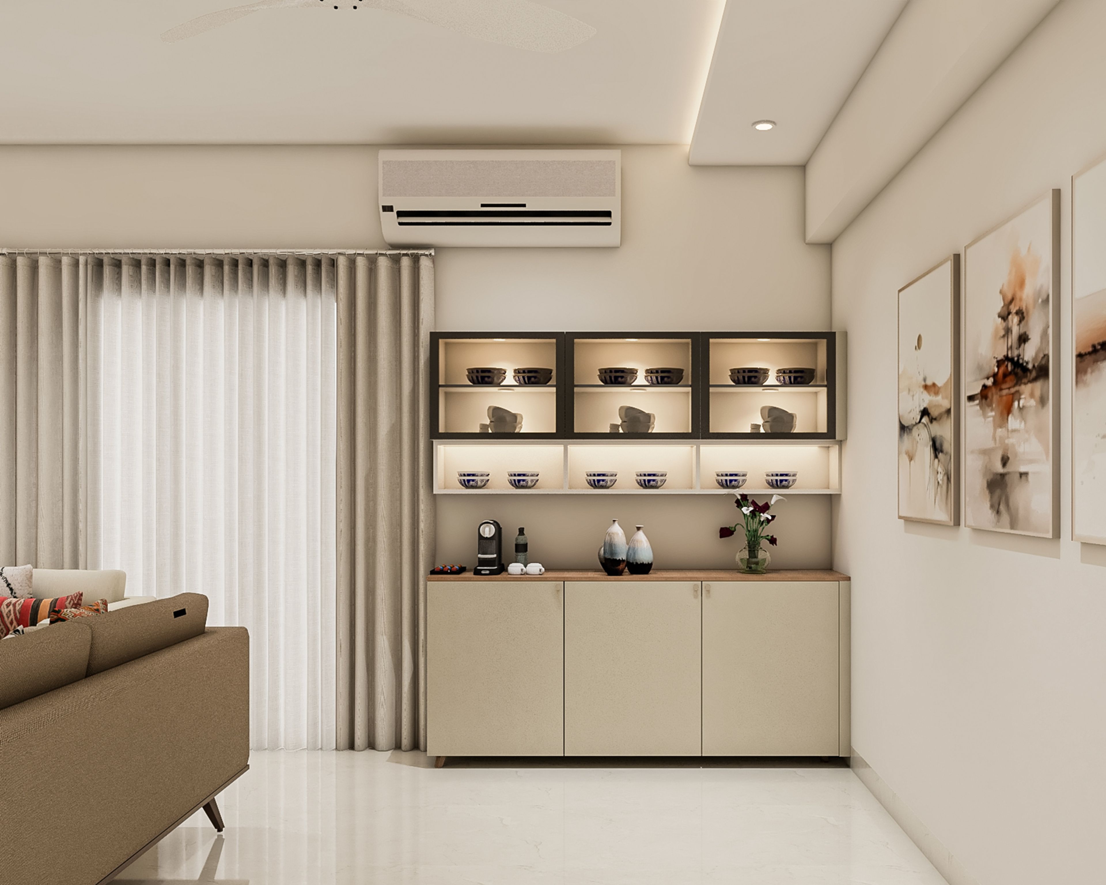 Minimal Grey Crockery Unit Design with Glass Cabinets and LED Lighting