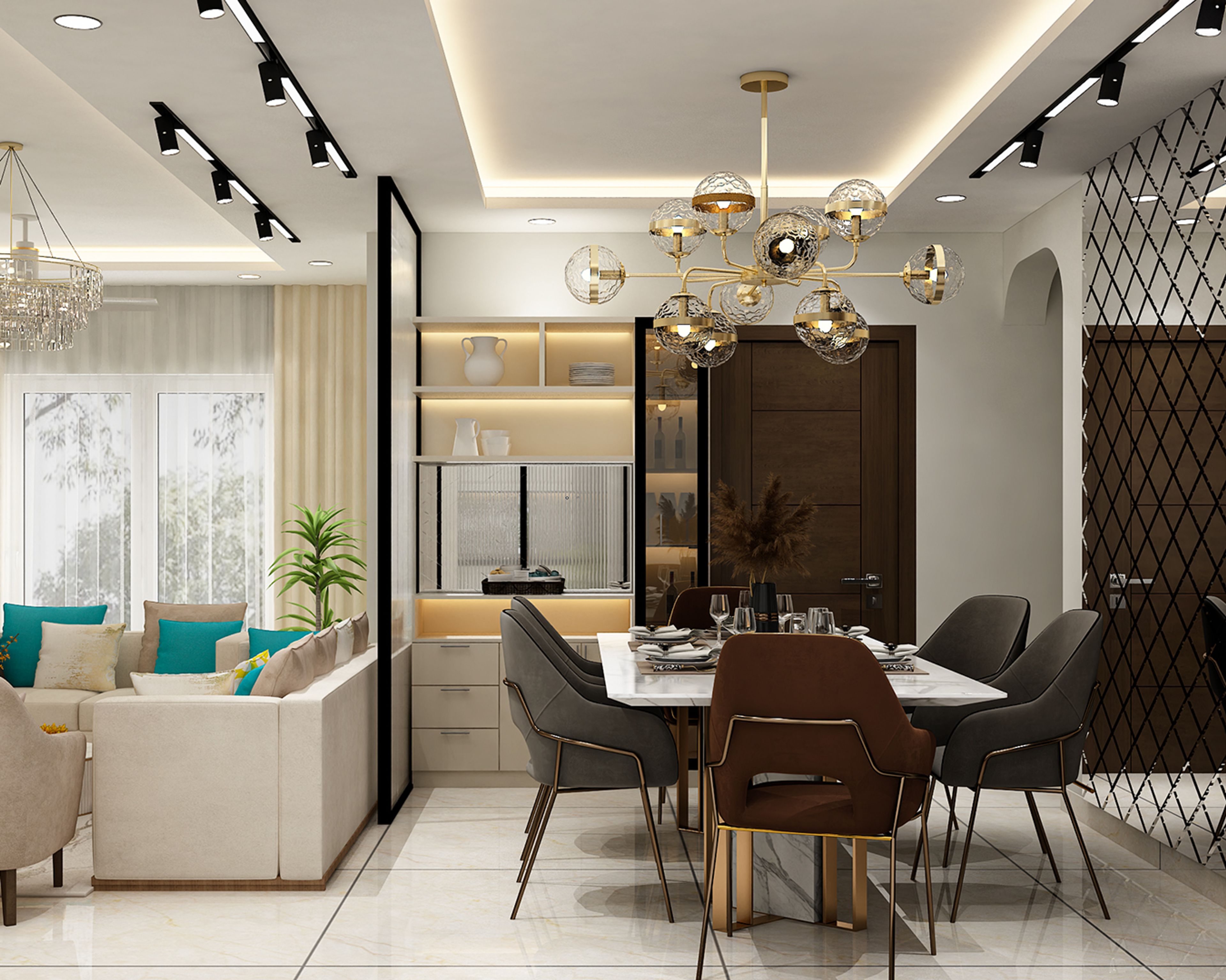 Grey Traditional Crockery Unit Design with Open Shelving and Tall Storage