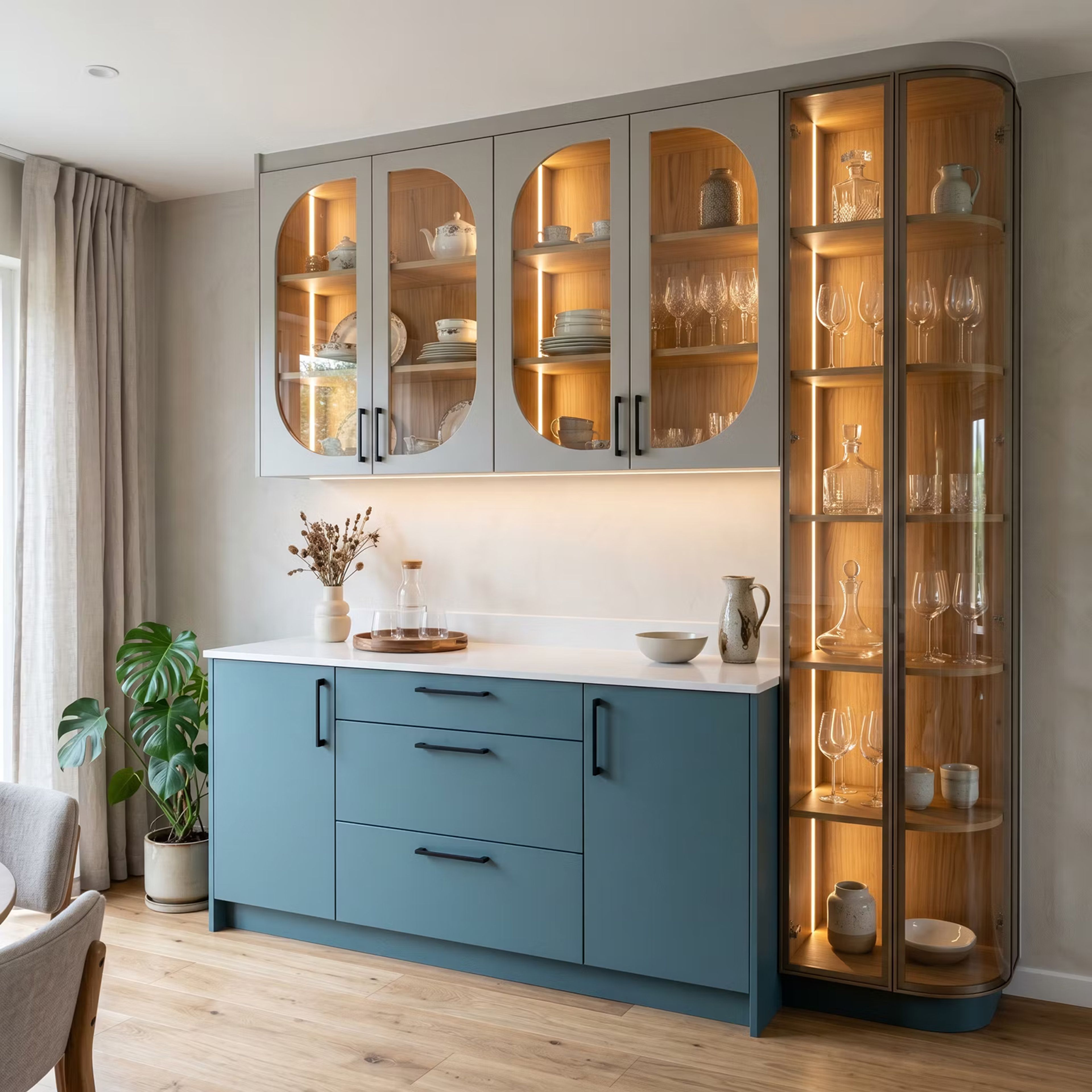 Eclectic Crockery Unit Design with Arched Glass Doors and Display Storage Tower