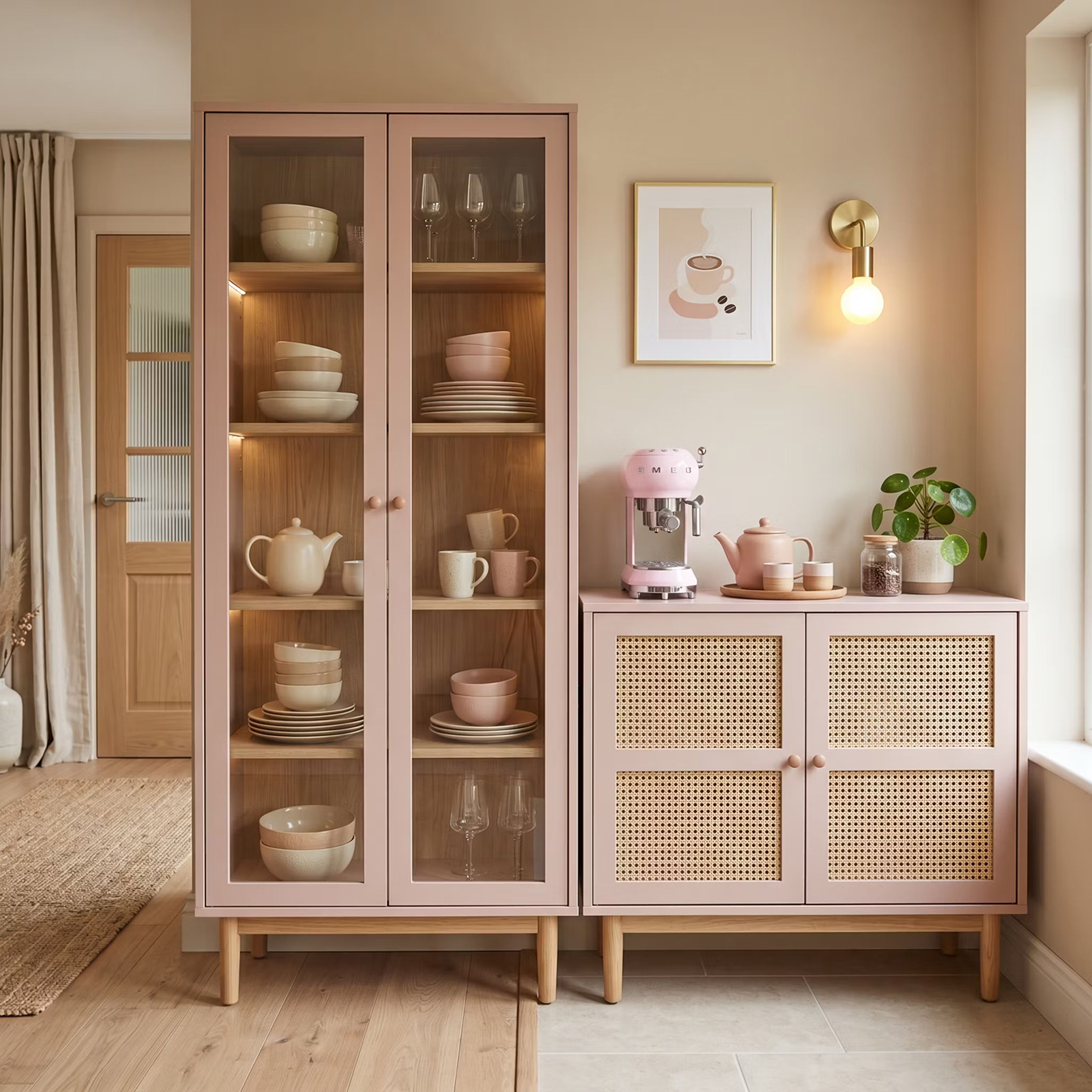 Scandinavian Rose Granium Crockery Unit Design with Rattan Doors And LED