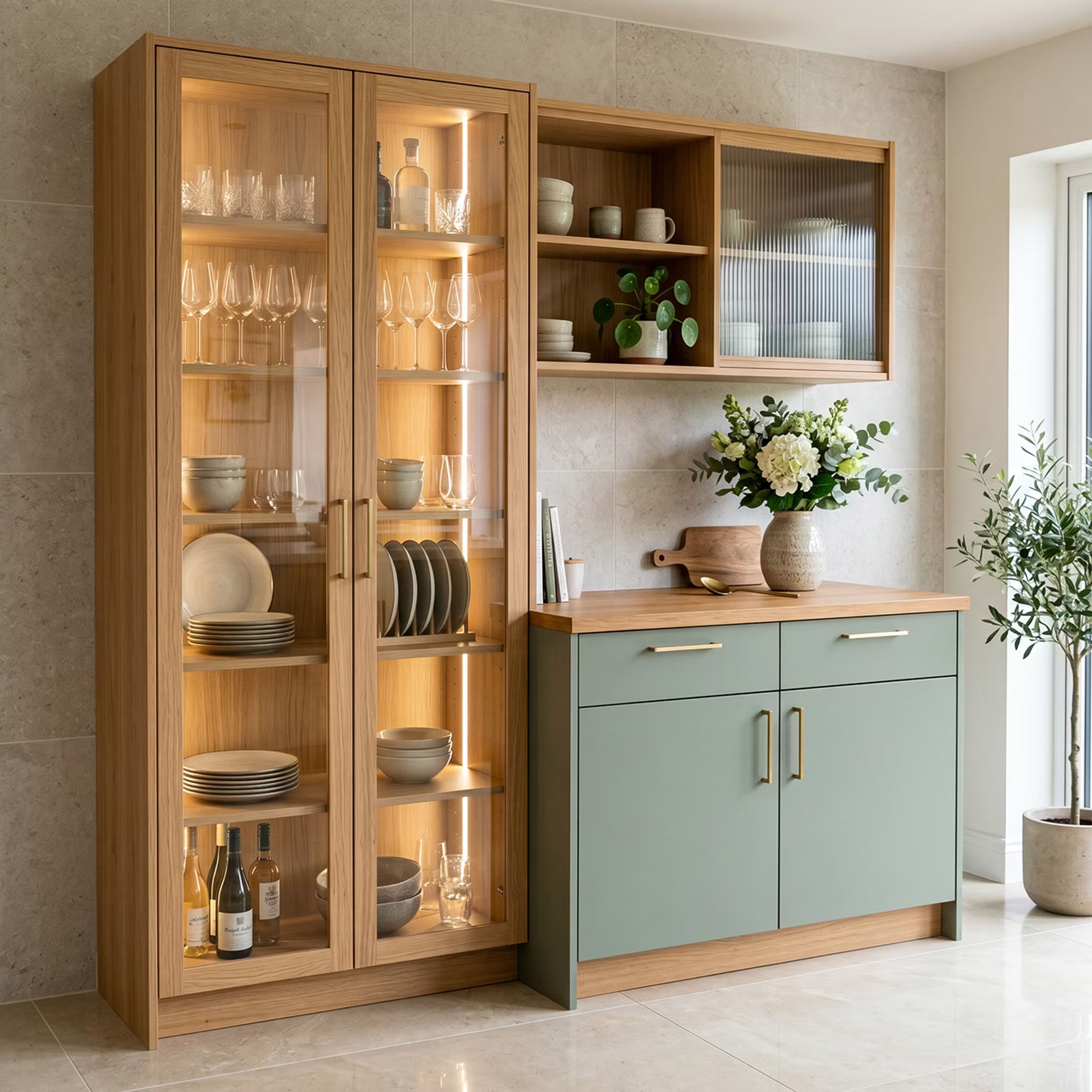 Scandinavian Crockery Unit Design with Fluted Glass Sliding Doors