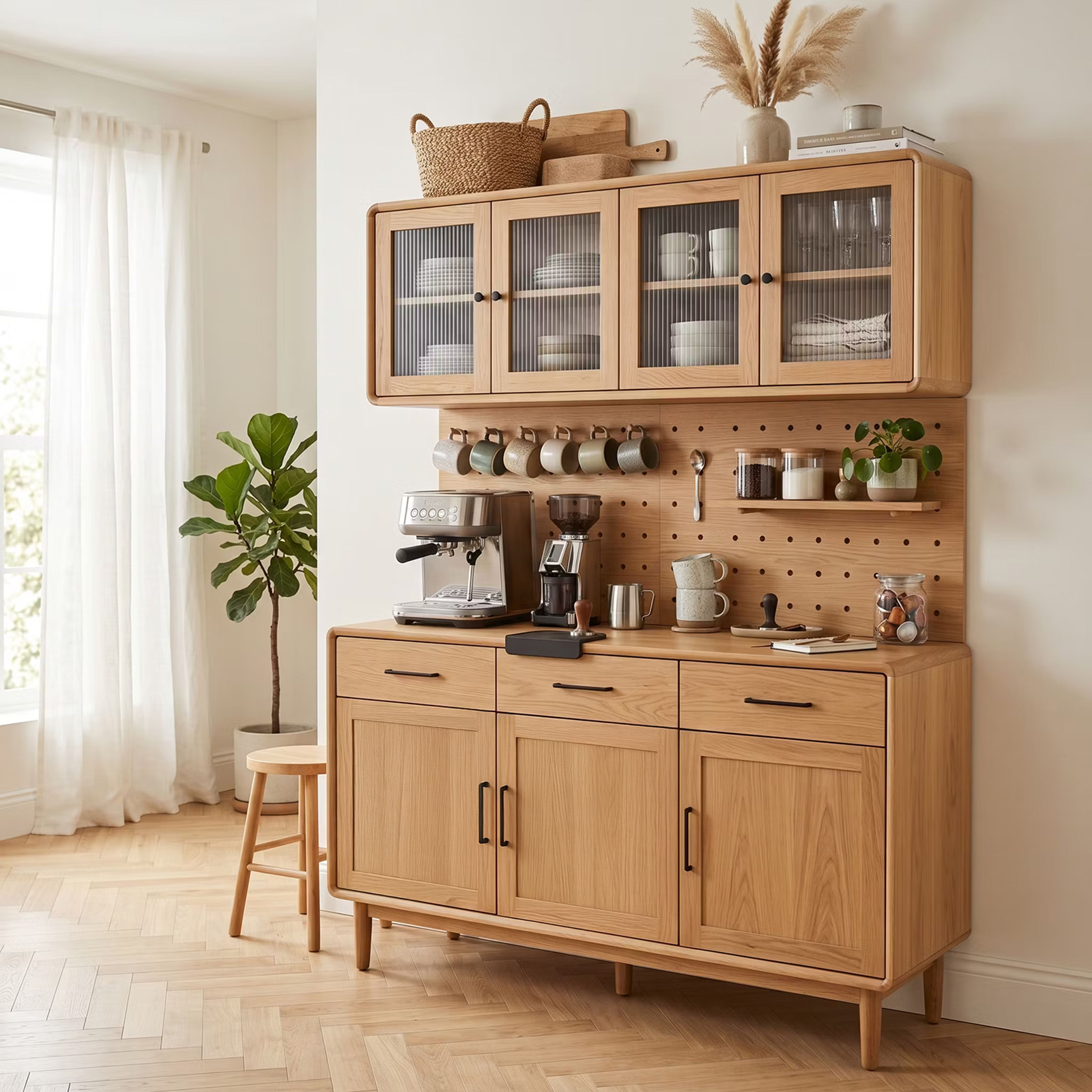 Wooden Scandinavian Crockery Unit Design with Fluted Glass and Pegboard