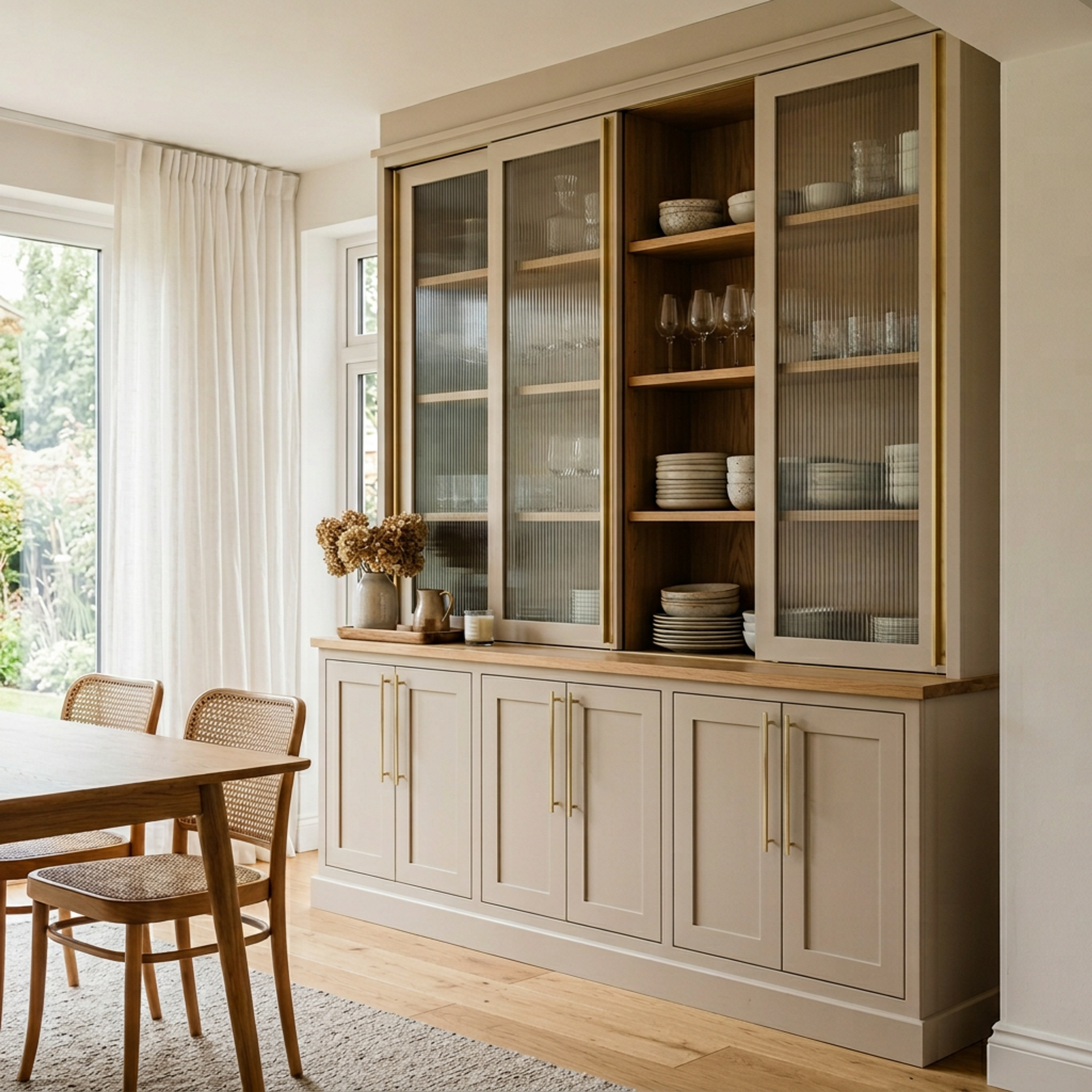 Modern Crockery Unit Design with Mocca Cabinetry and Fluted Glass