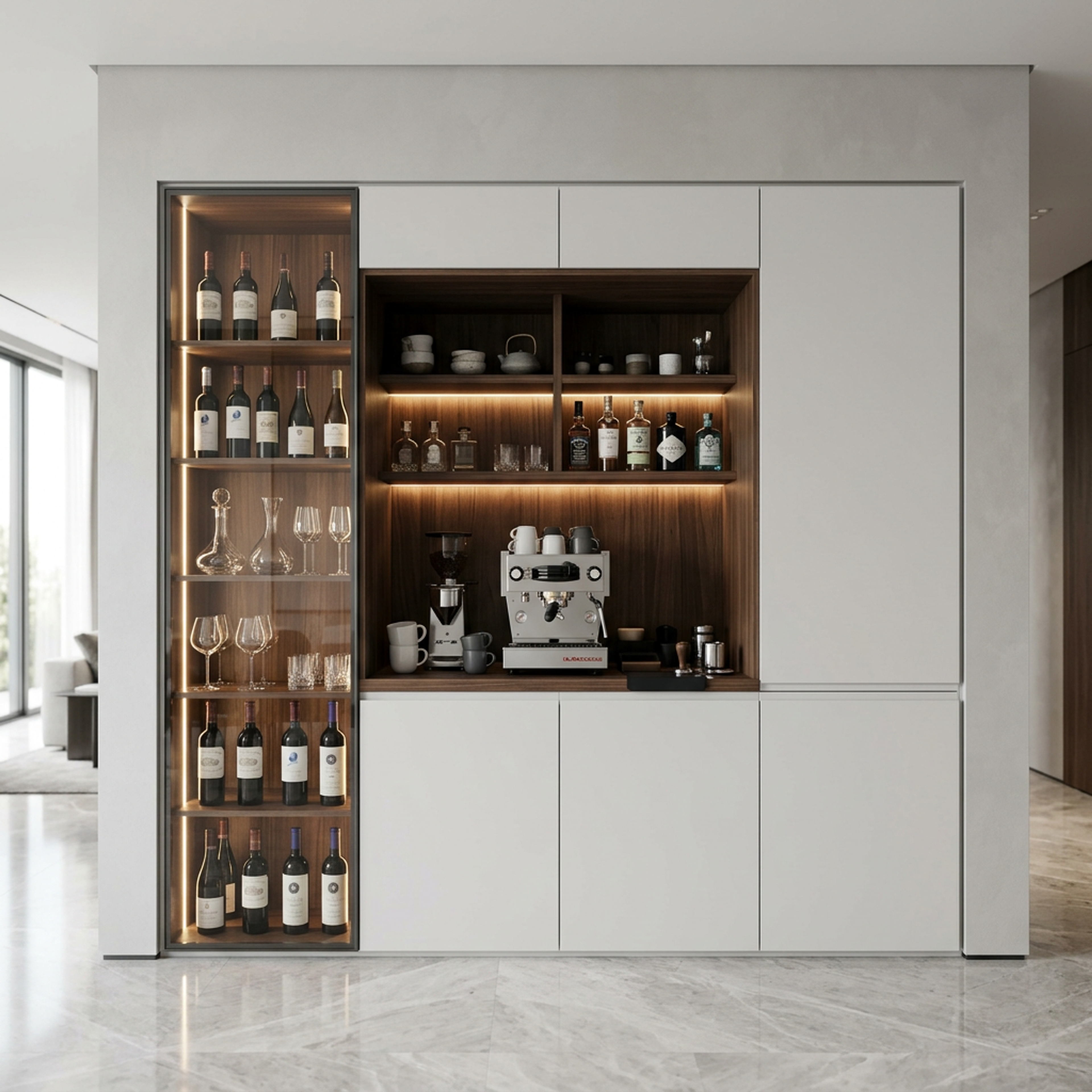 Modern Crockery Unit Design with White Cabinets and Glass Tower