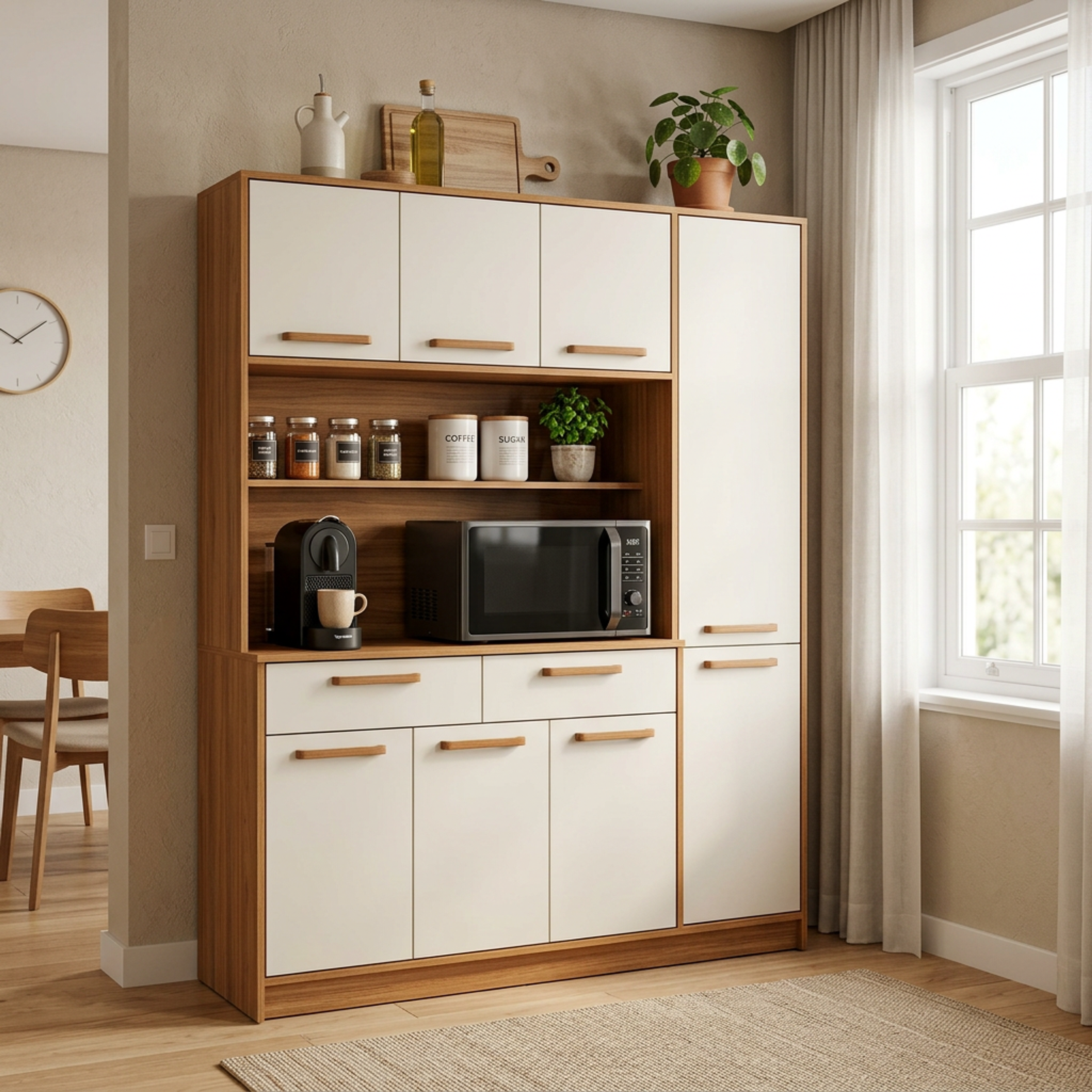 Modern Freestanding Crockery Unit Design with Walnut Bronze and Cream Doors