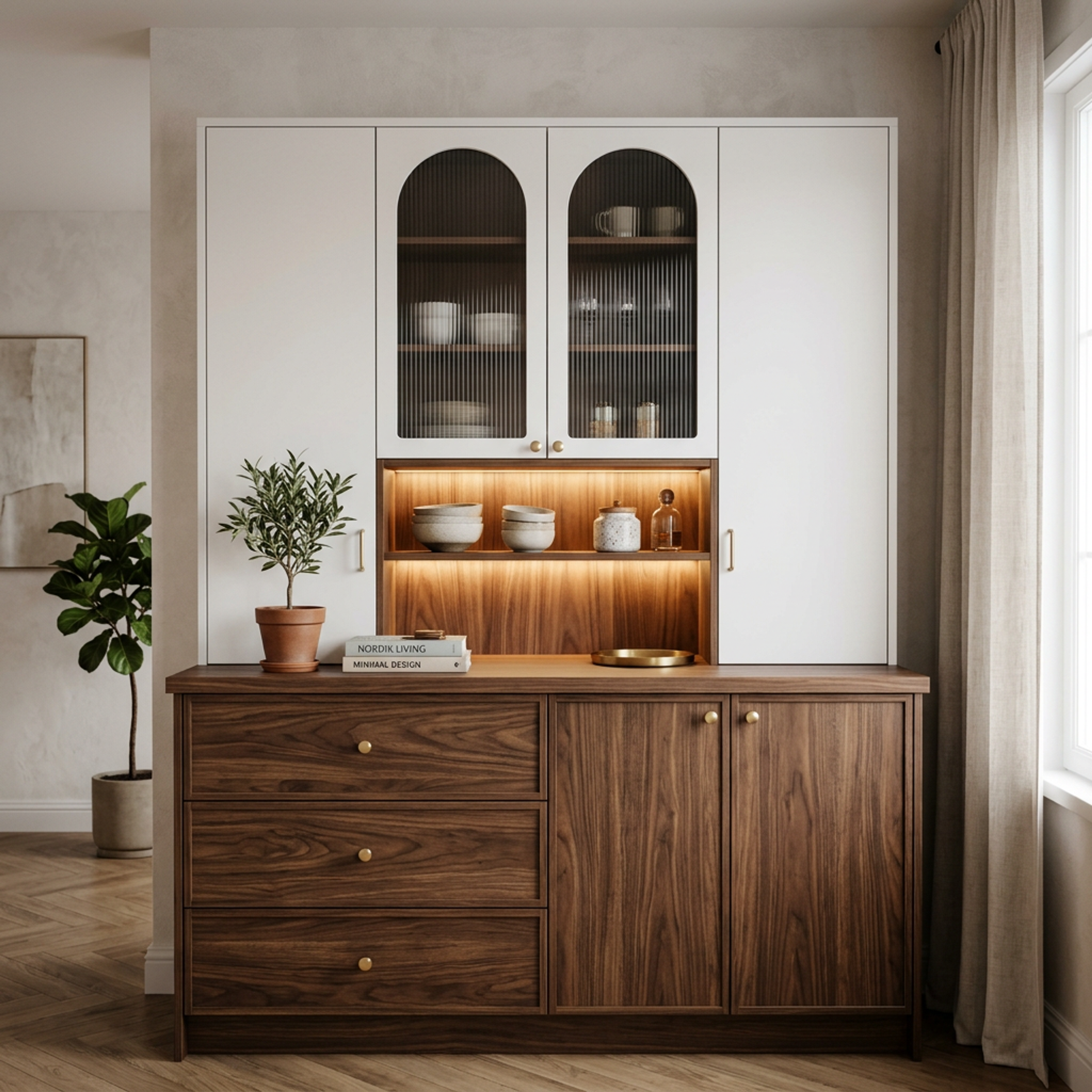 Mid-Century Modern Crockery Unit with Warm Walnut Sideboard Layout