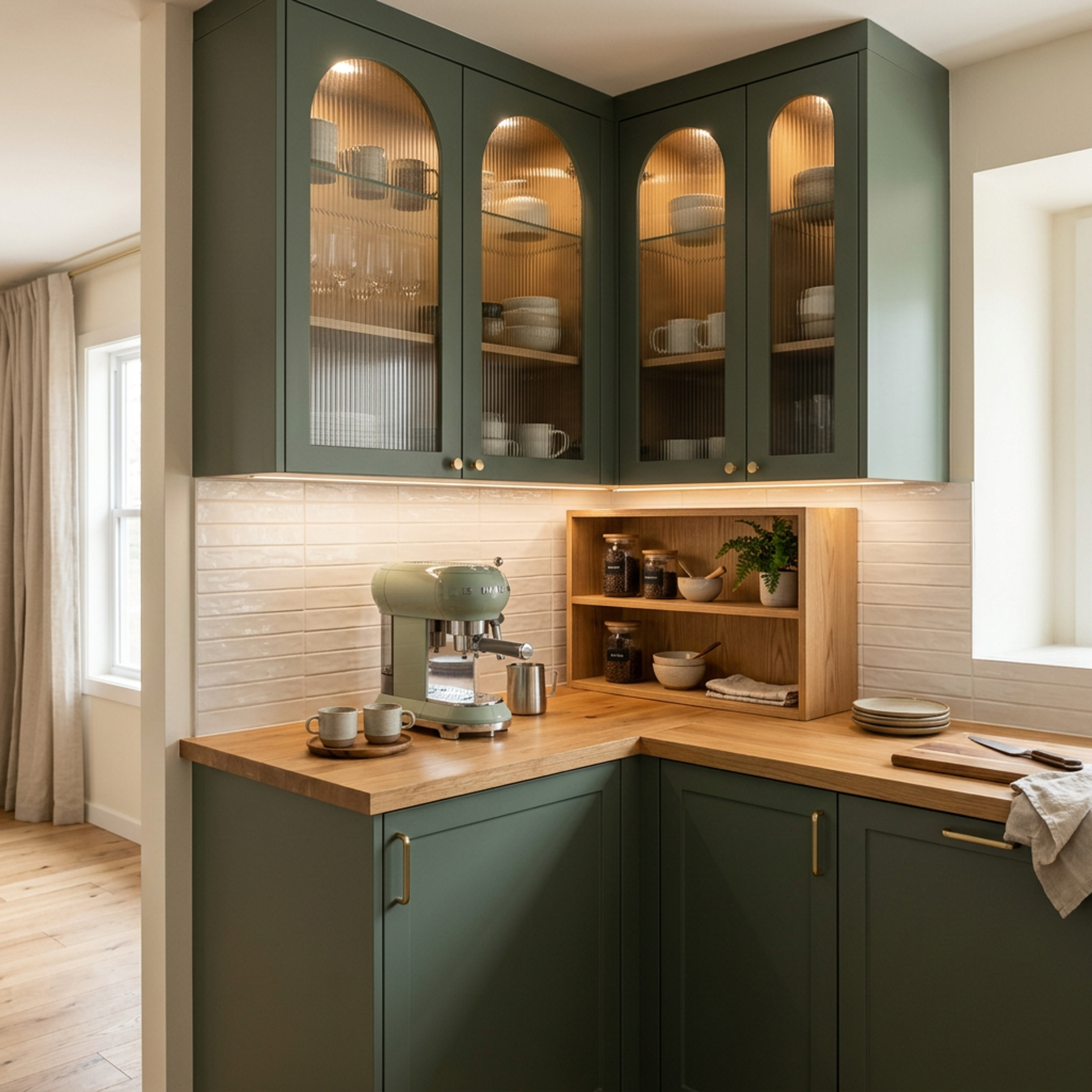 Classic Dark Green Crockery Unit with Arched Glass Doors for Kitchen Design