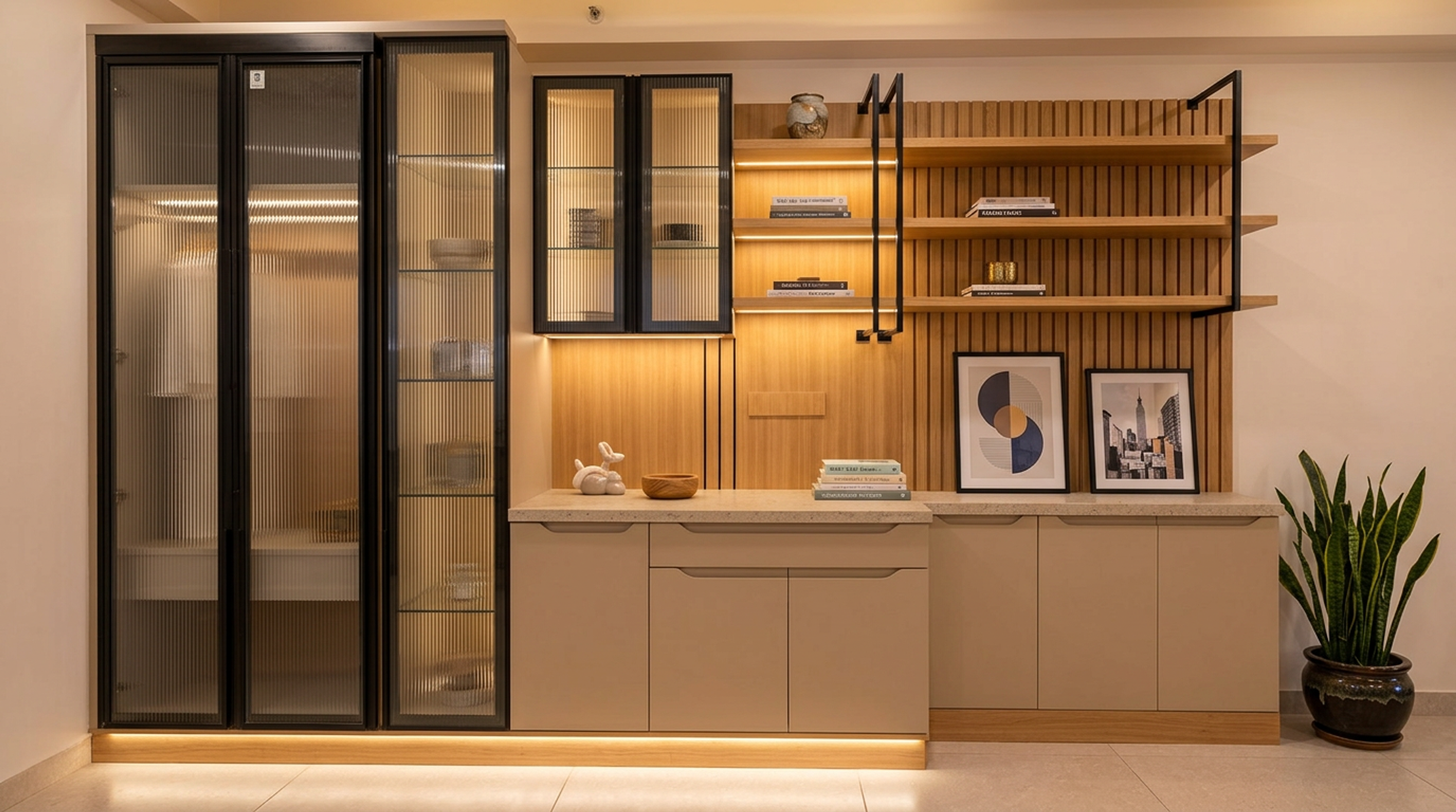 Contemporary Light Beige Crockery Unit with Slatted Backboards for Dining Room Design