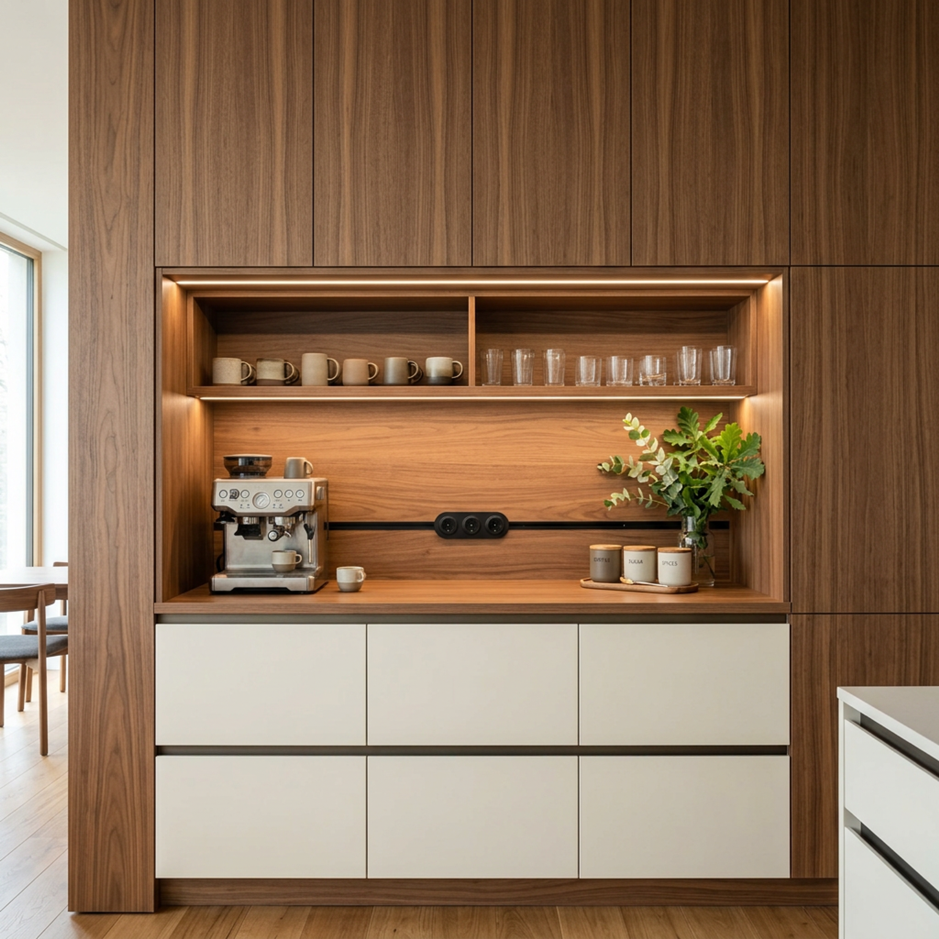 Contemporary Crockery Unit Design with Walnut Panels and Coffee Counter