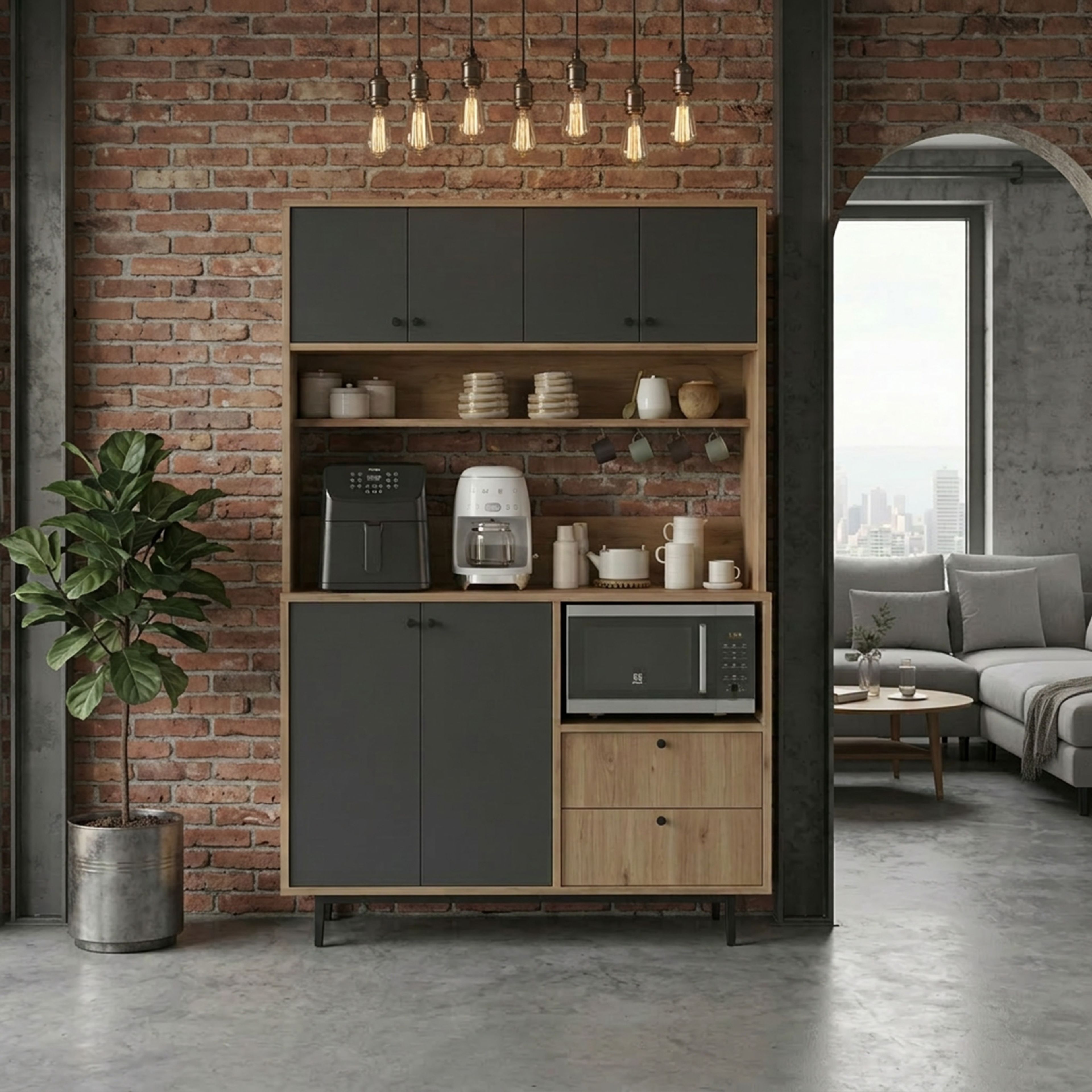 Industrial Crockery Unit Design with Open Shelves and Matte Finish