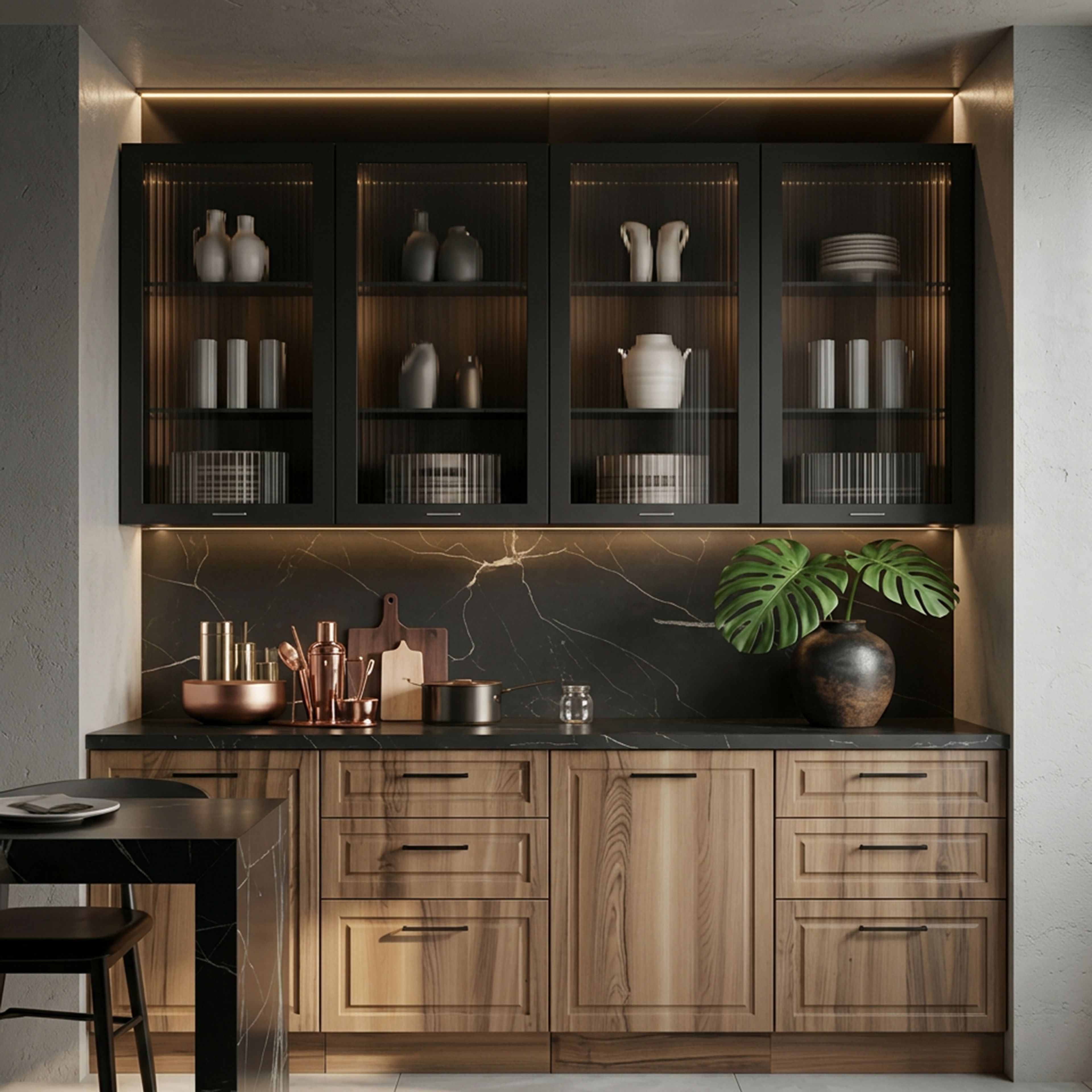 Charcoal Grey Contemporary Crockery Unit Design with Open Countertop Storage