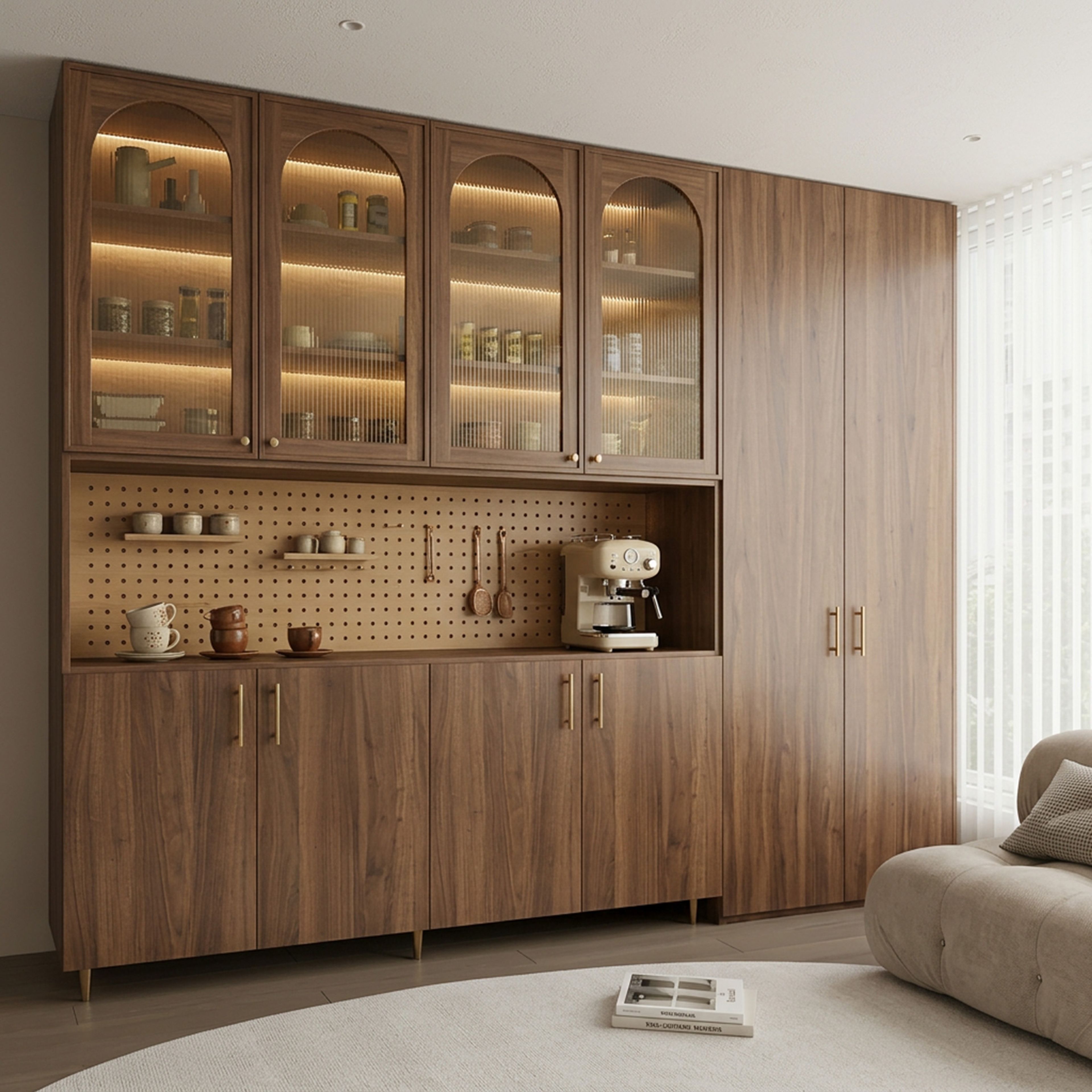 Modern Crockery Unit Design with Wooden Finish and Glass Display Shelves