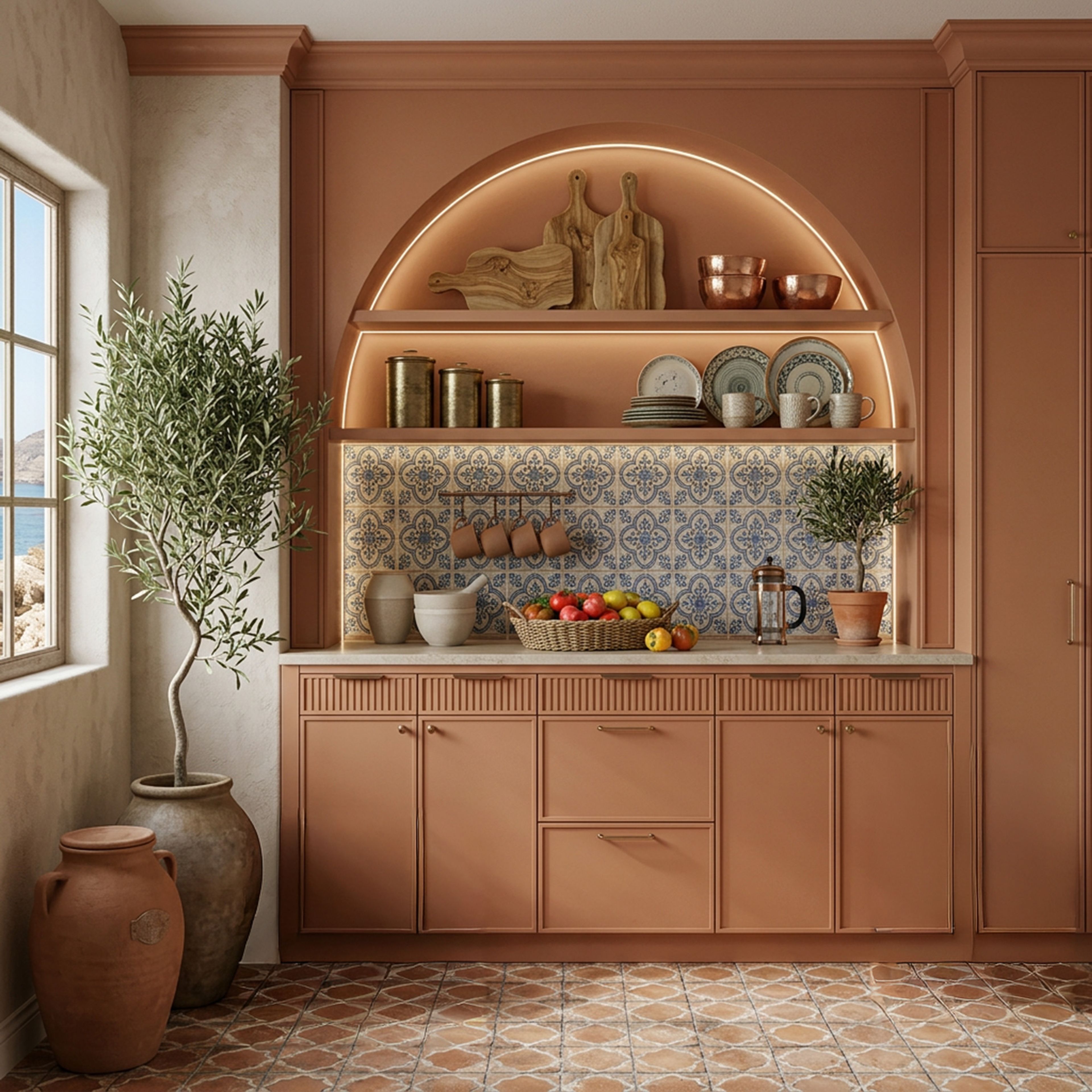 Terracotta Mediterranean Crockery Unit Design with Open Shelves and Storage Drawers