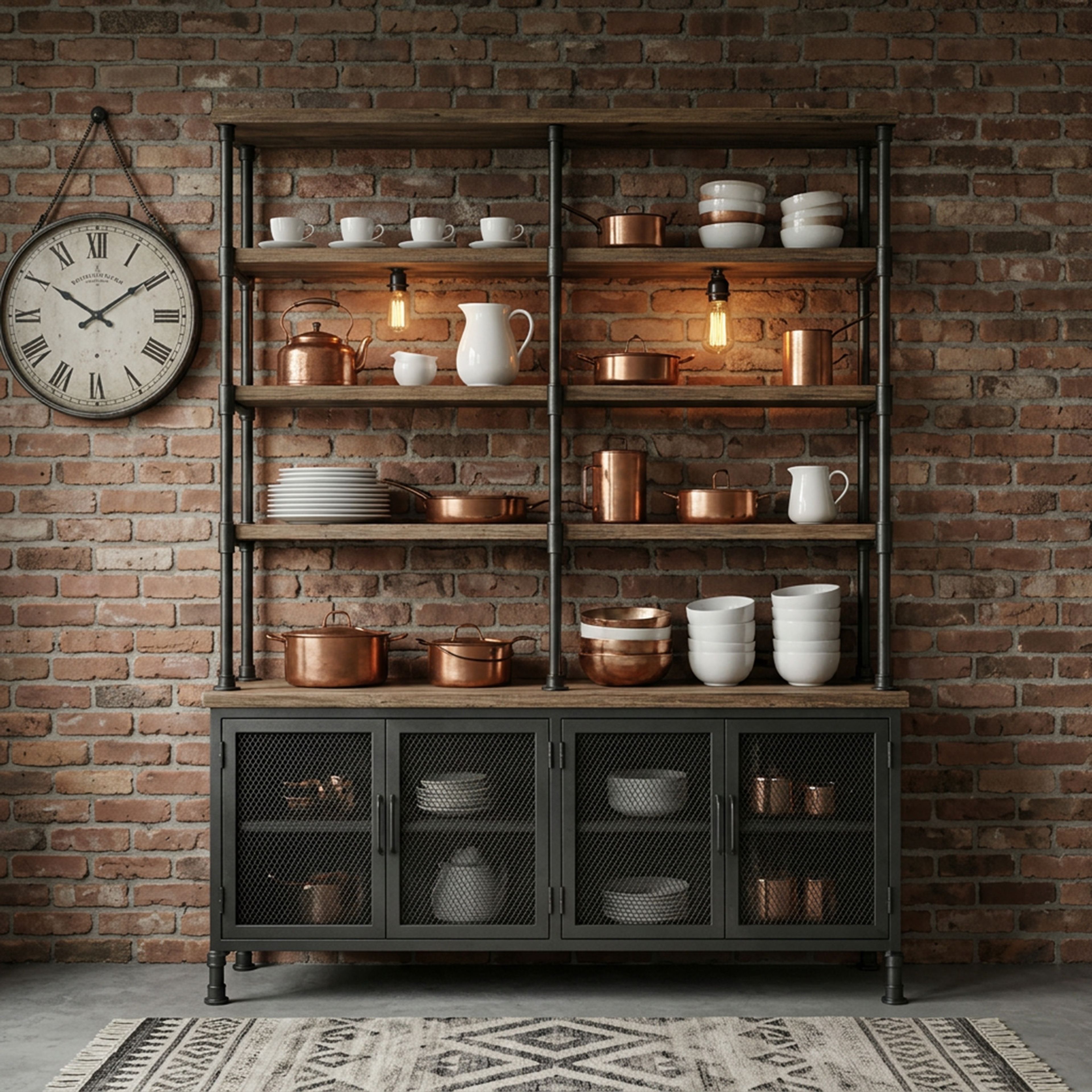 Grey Industrial Crockery Unit Design with Wide Open Display Shelving Space