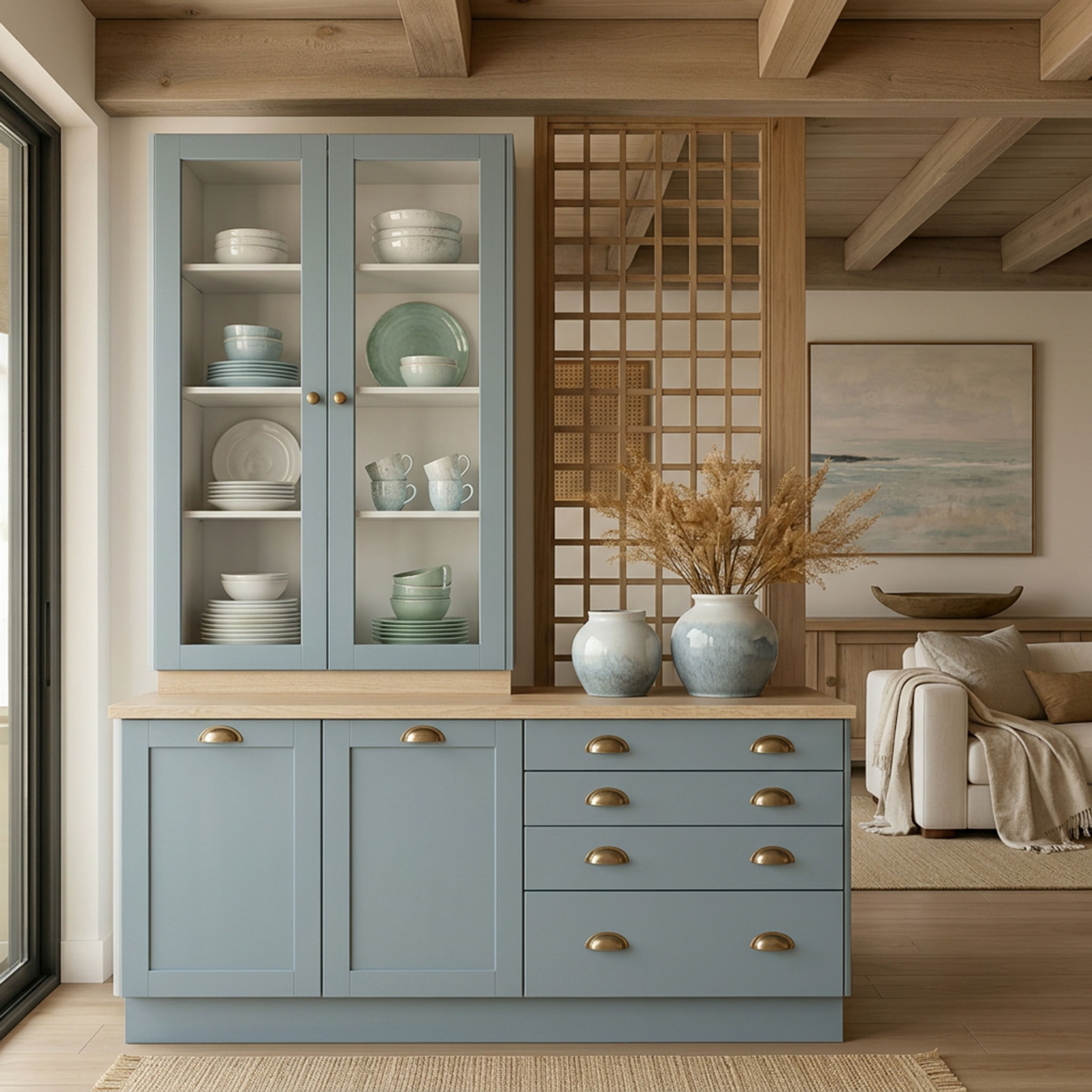 Powder Blue and Light Oak Coastal Crockery Unit Design with Matte PU Finish