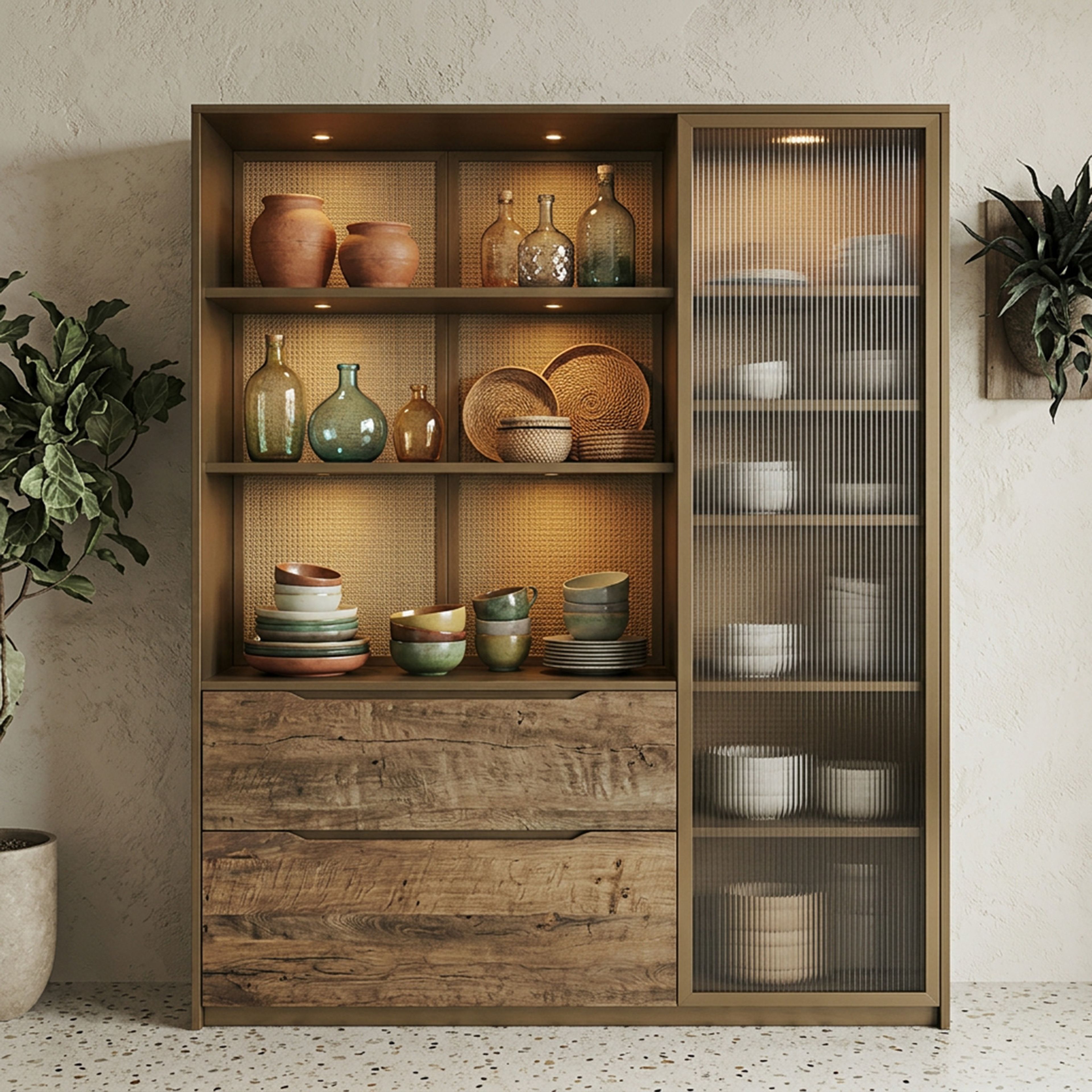 Boho Wood Crockery Unit Design with Open Shelving and Fluted Glass