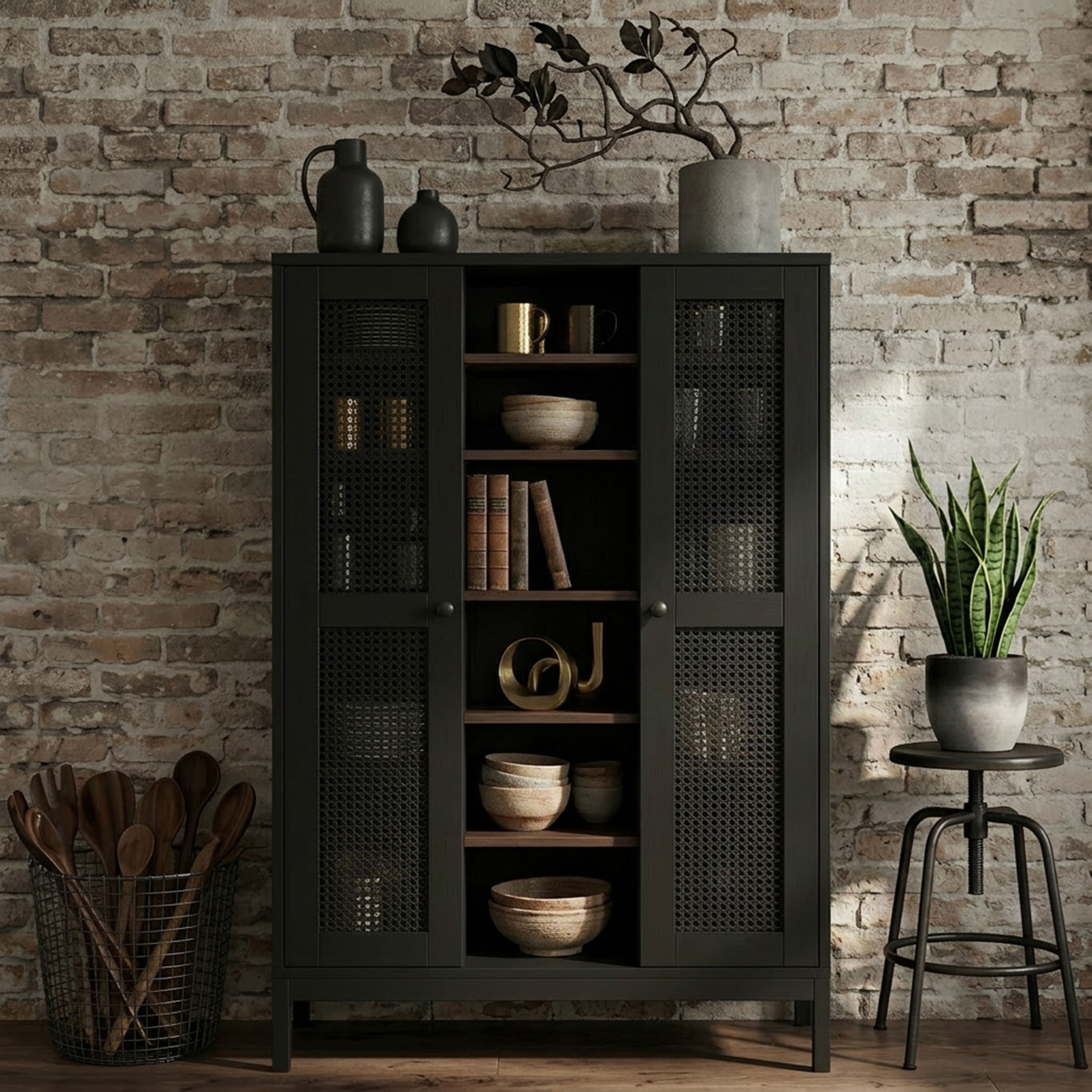 Charcoal and Wood Modern Crockery Unit Design with Mesh Door Shelving