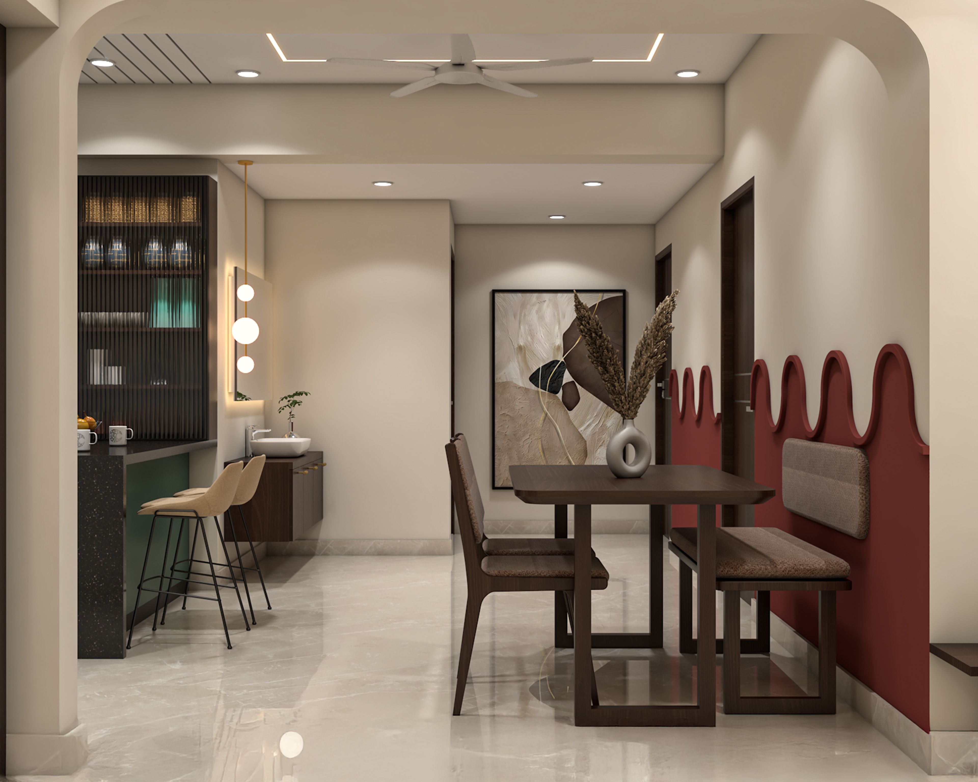 4-Seater Modern Dining Room Design with Walnut Table and Display Cabinet