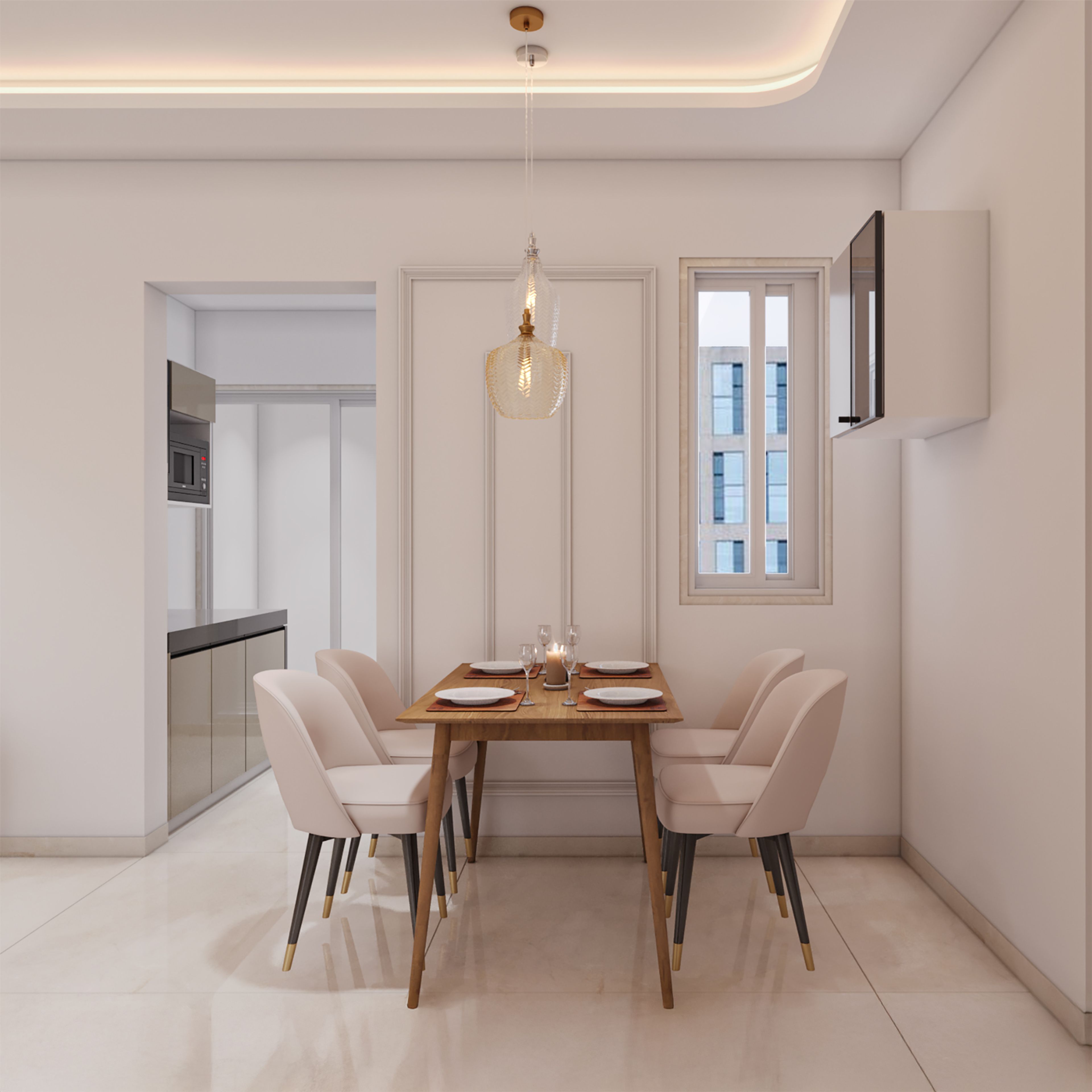 Modern 4-Seater Dining Room Design with Oak Table and Upholstered Chairs