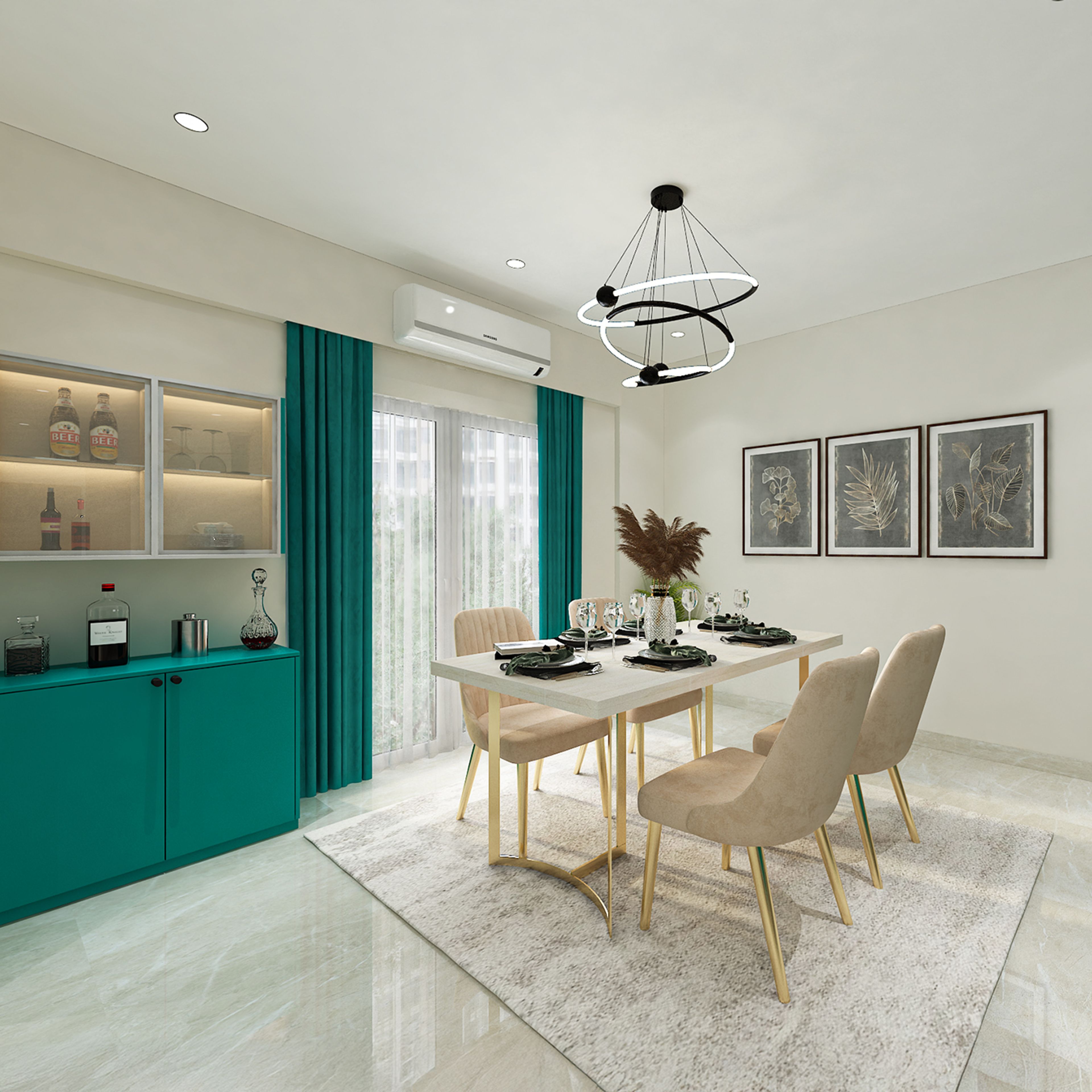 4-Seater Dining Room Design with Marble Table and Modern Cabinetry
