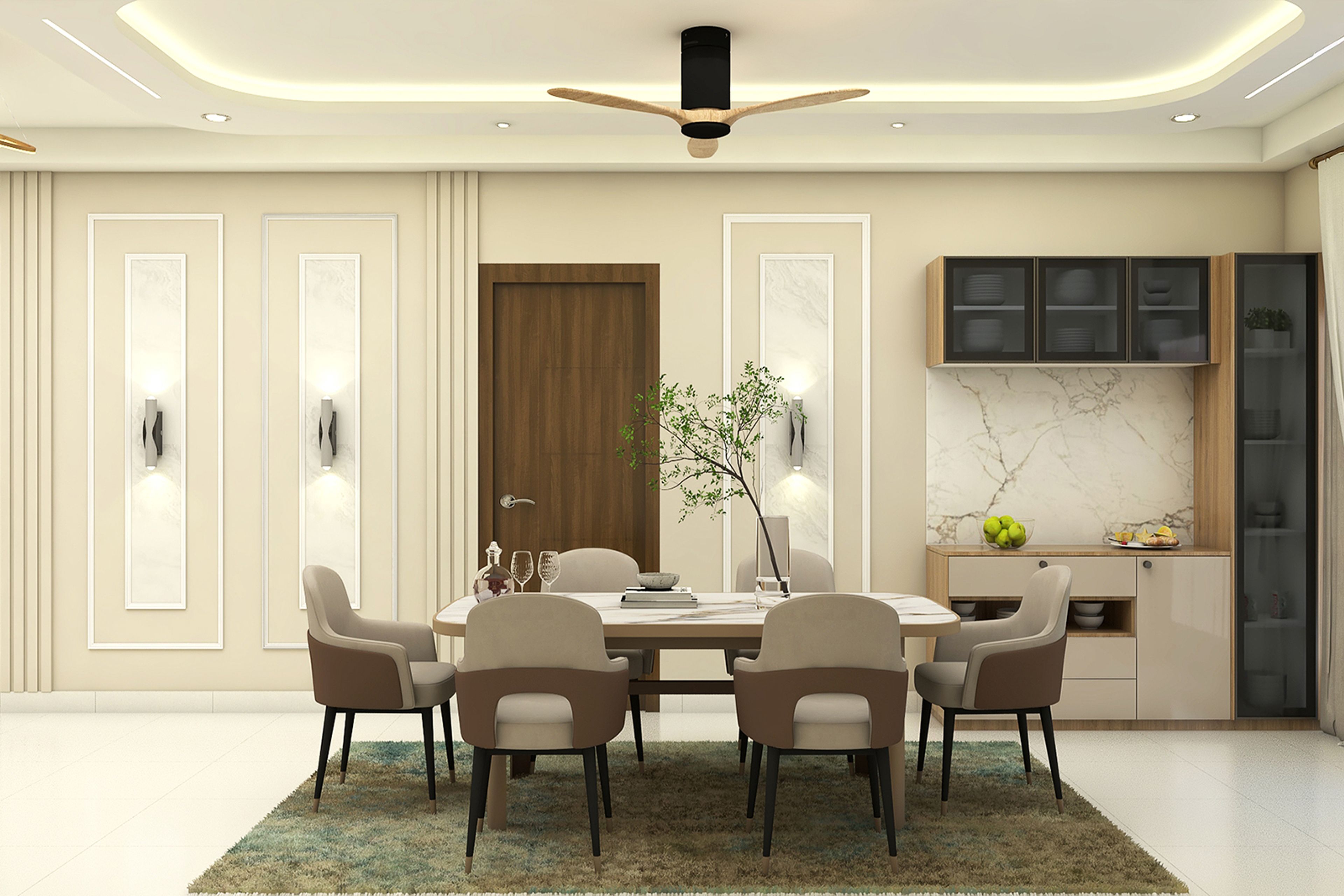 Contemporary Dining Room Design with Built Crockery Unit and Marble Wall Paneling