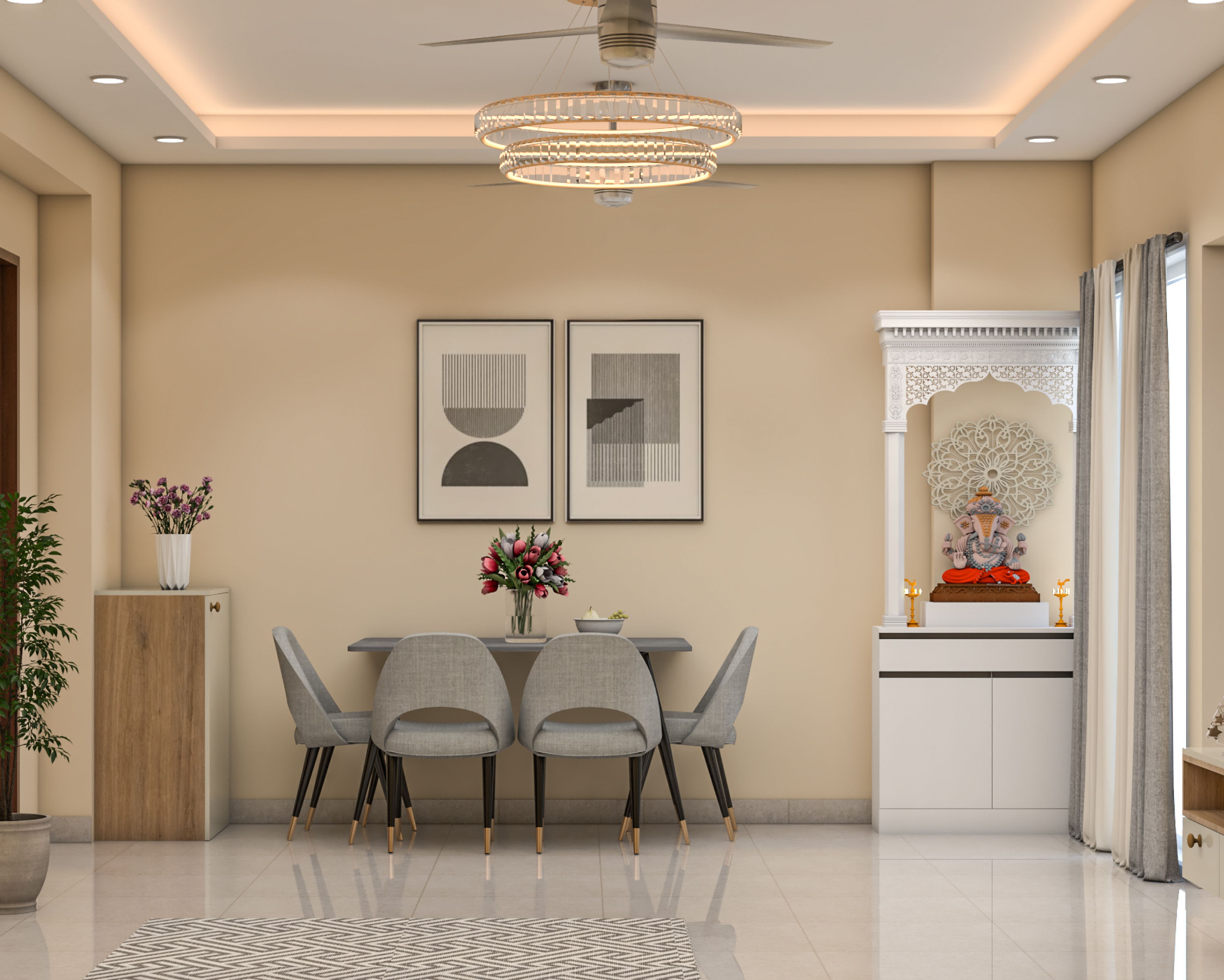 Modern 4-Seater Dining Room Design with Integrated White Pooja Mandir
