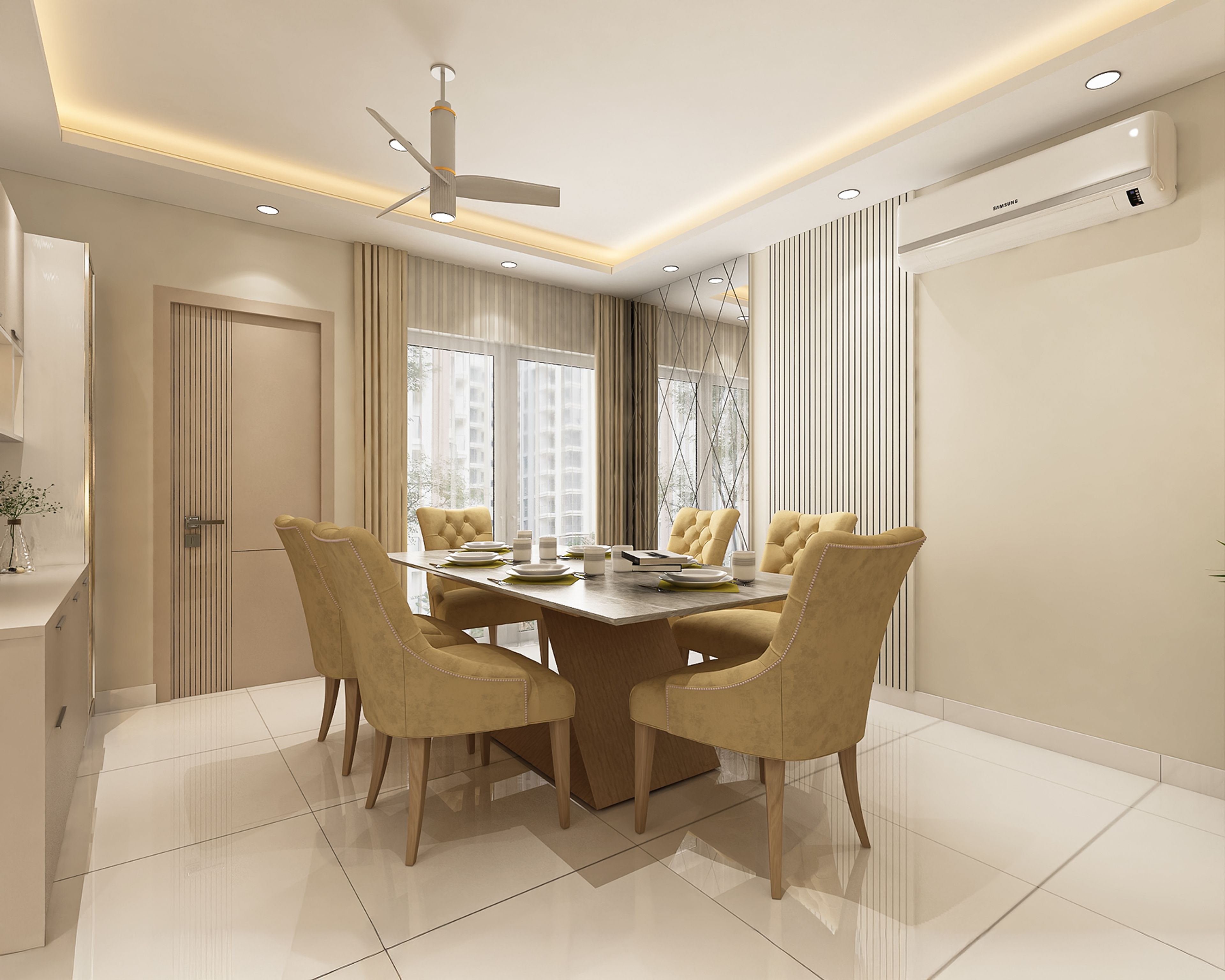 6-Seater Modern Dining Room Design with Diamond Patterned Mirrored Wall