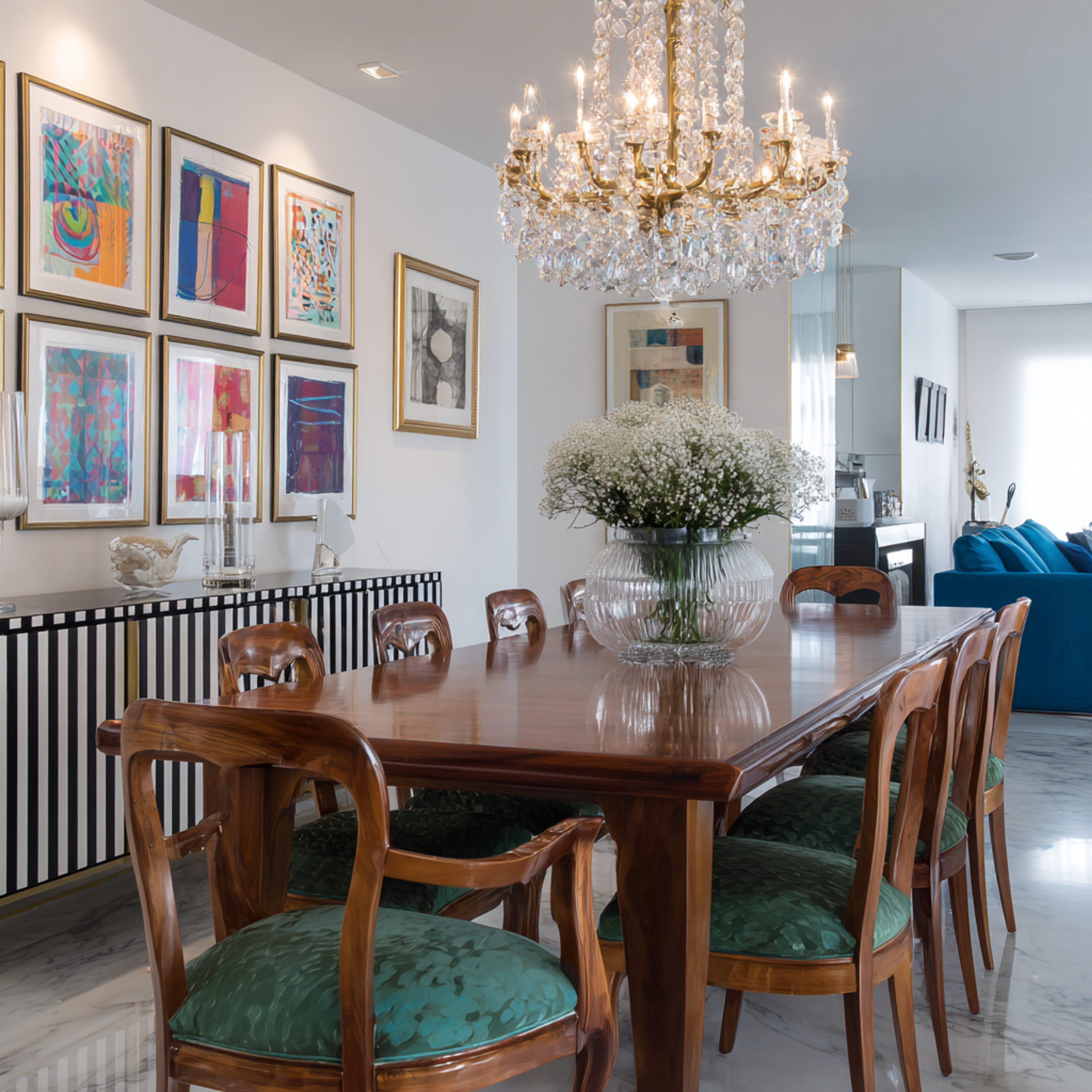 Classic Dining Room Design with Wooden Table and Crockery Unit