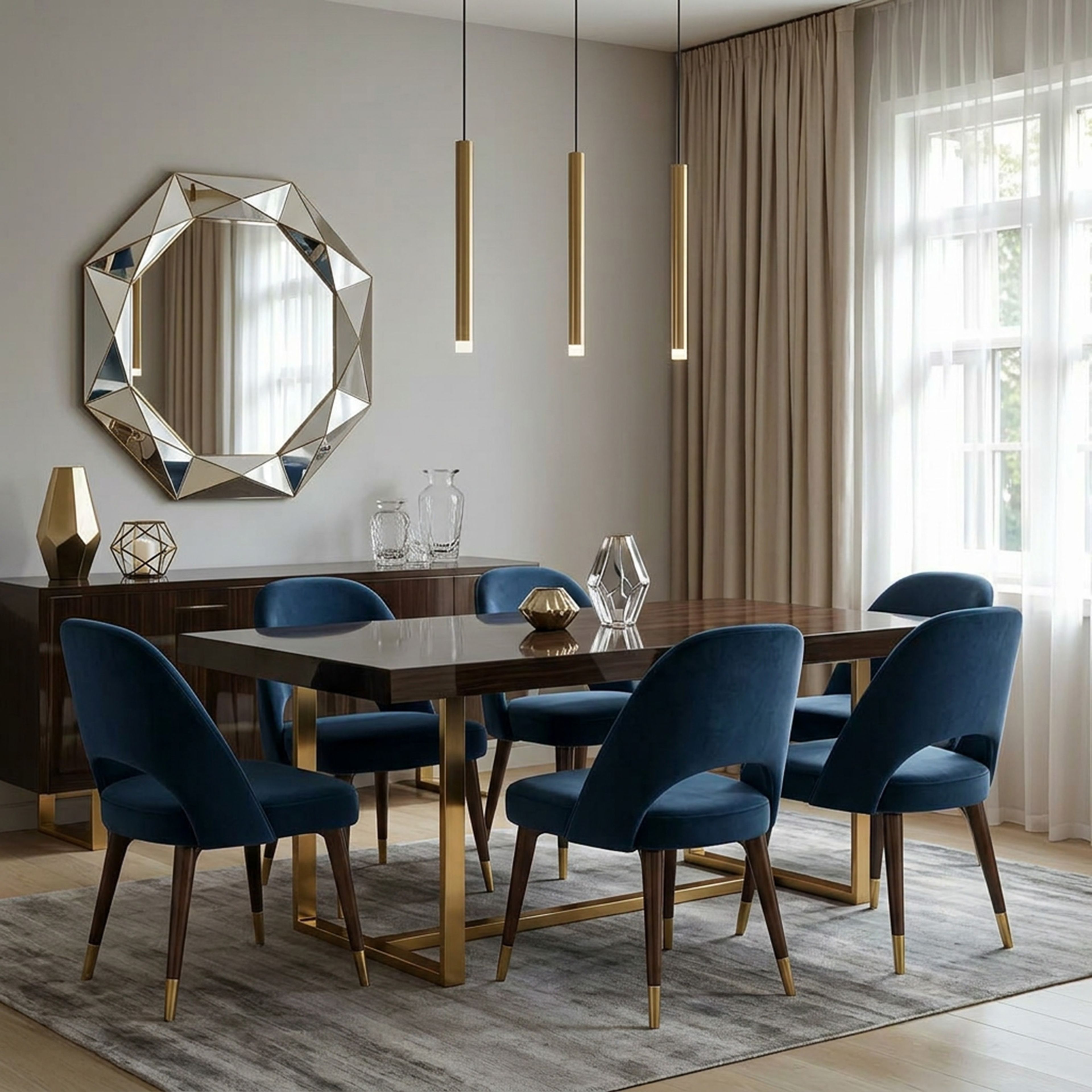 Contemporary Dining Room Design with Navy Blue Velvet Dining Chairs