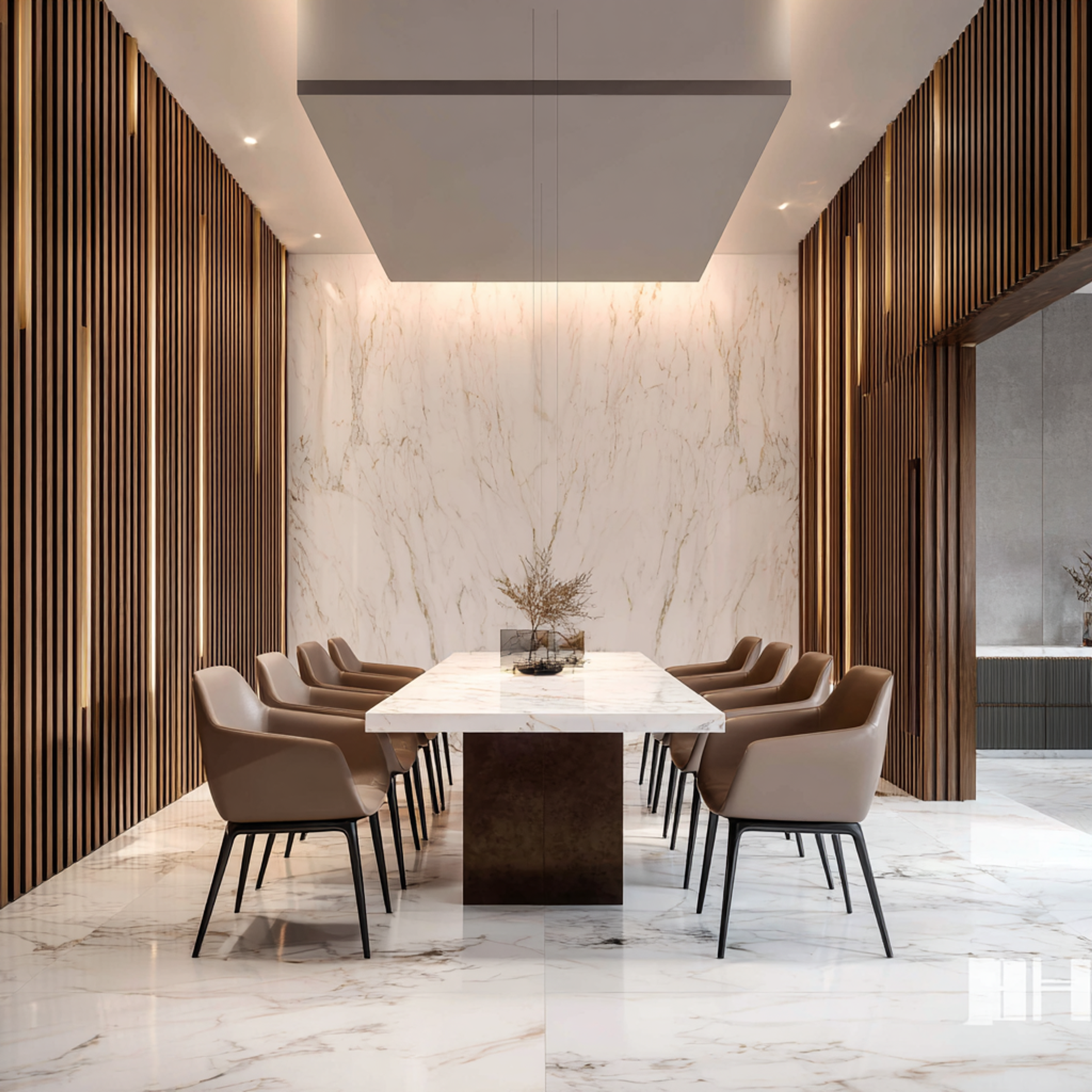 Contemporary Dining Room Design with Marble Table and Leather Chairs