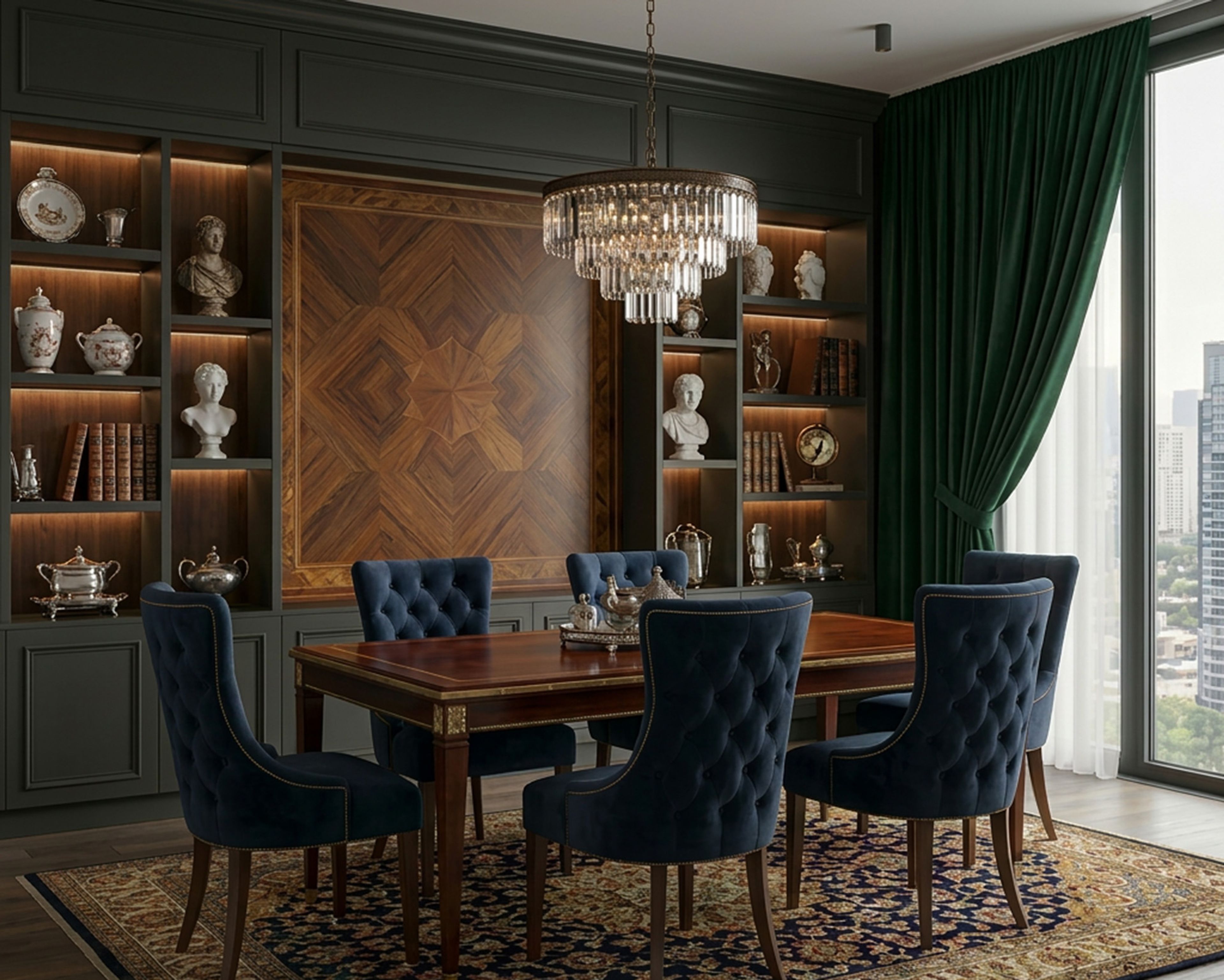 Traditional Dining Room Design with Mahogany Tables and Gold Inlays