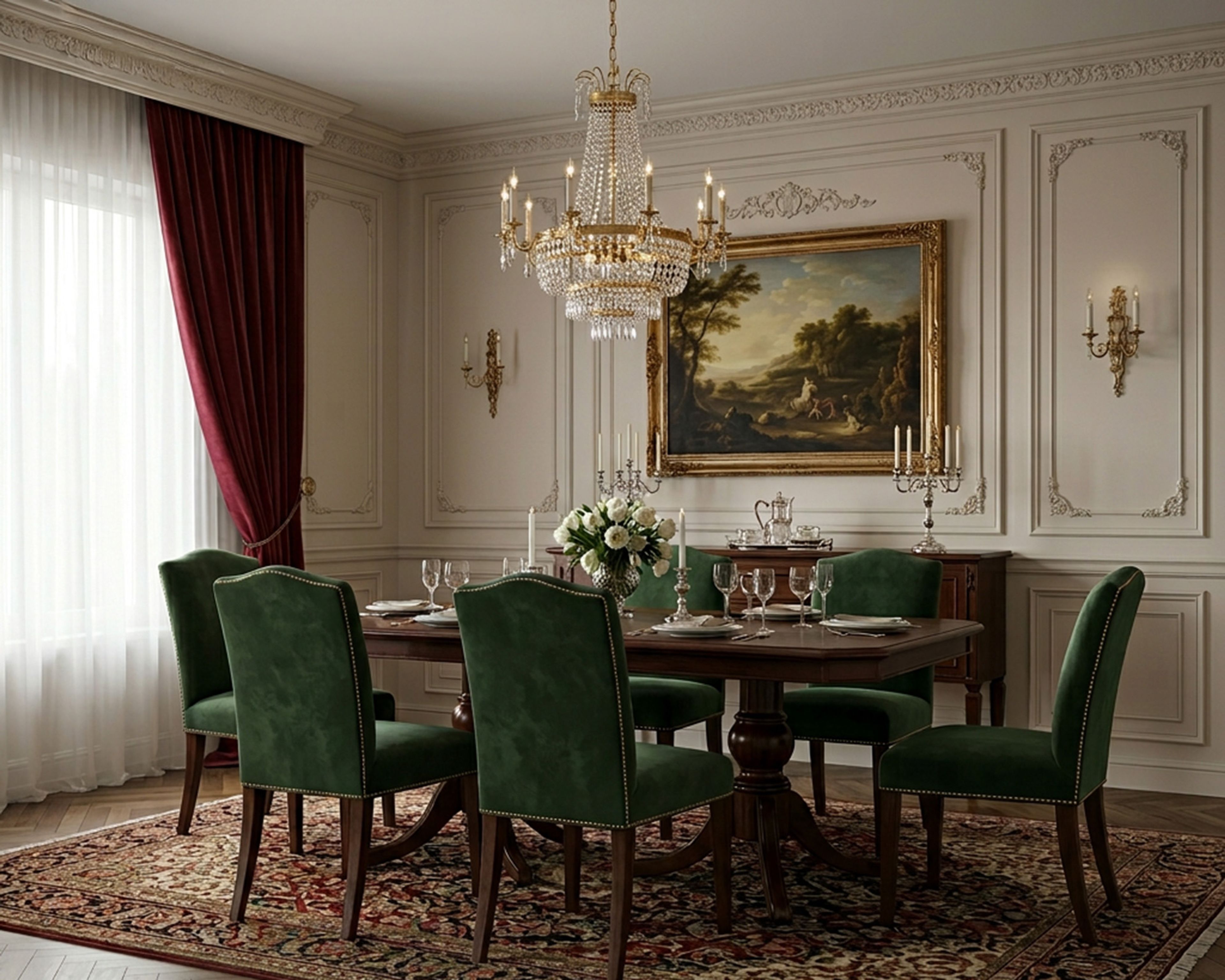 Classic Dining Room Design with Emerald Green Velvet Highbacks