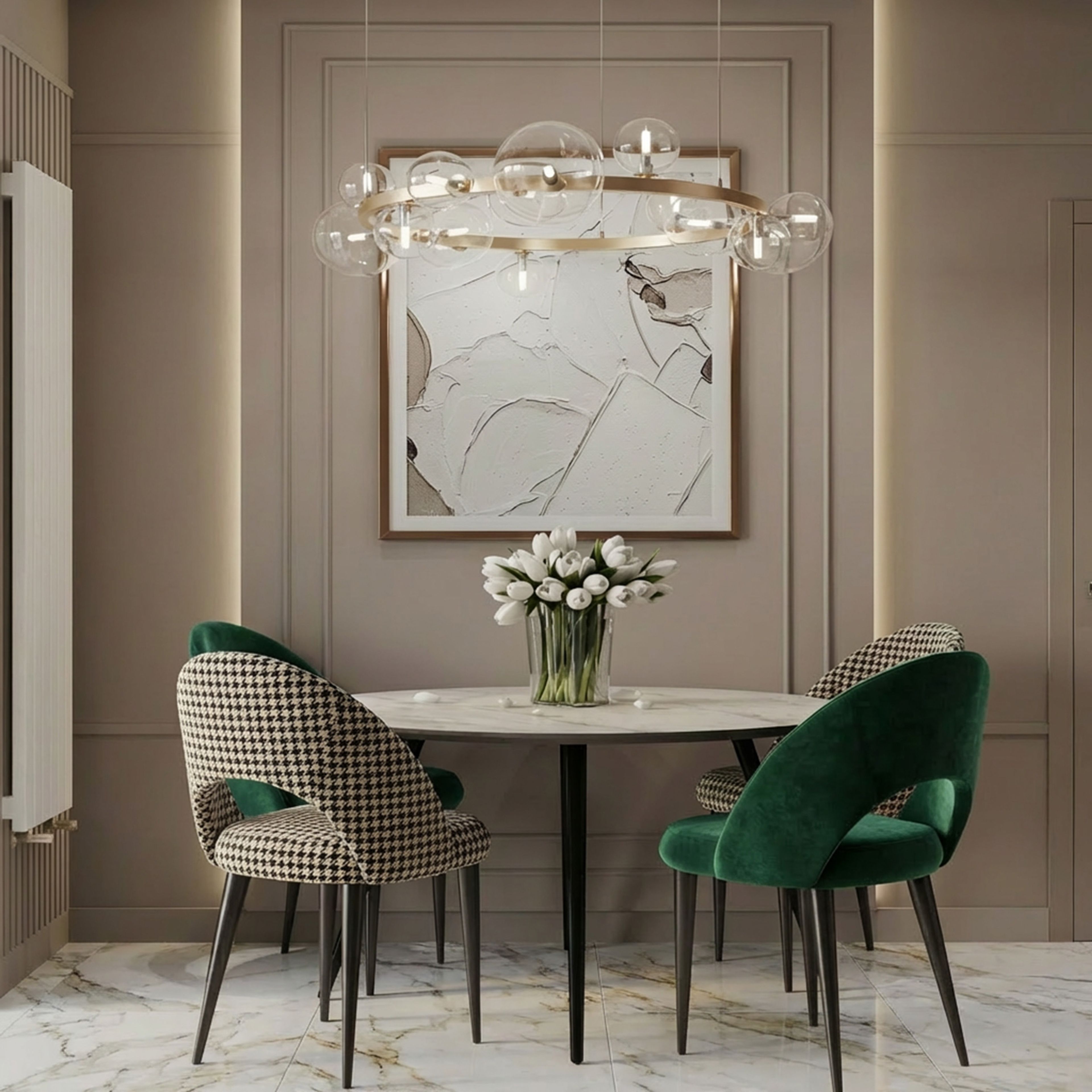 4-Seater Modern Dining Room Design with Marble Round Table and Velvet Chairs