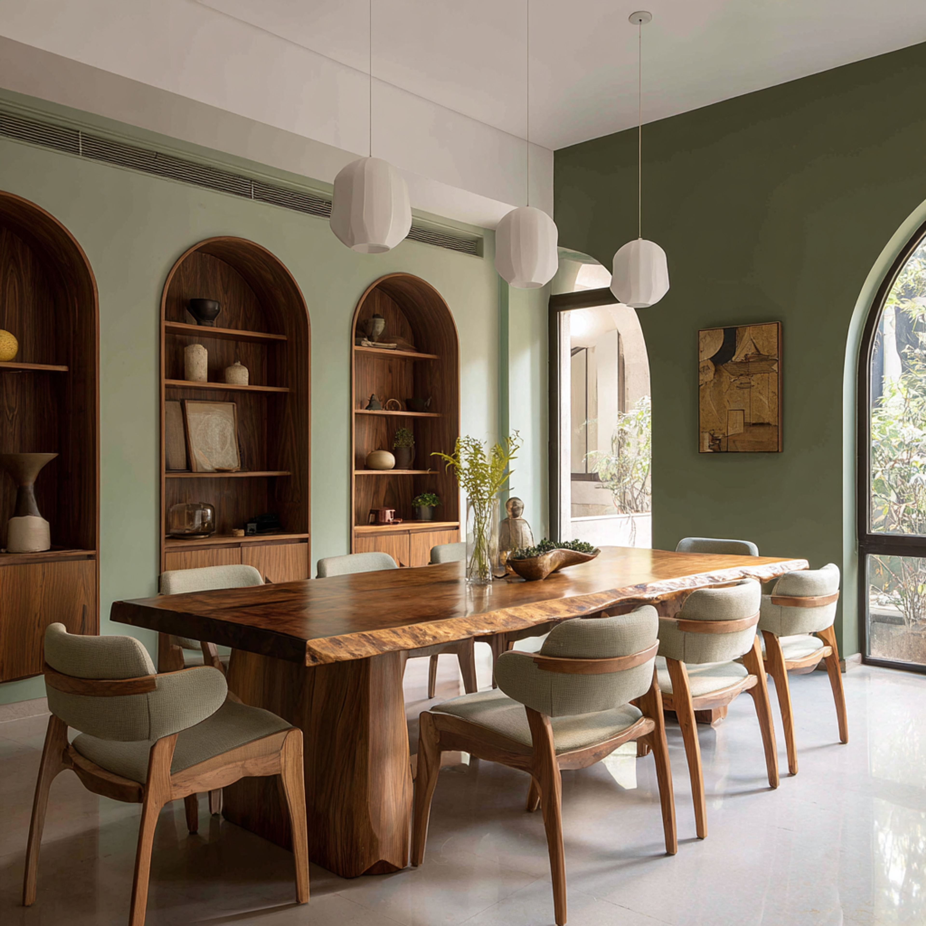 Classic Dining Room Design with Wooden Table and Decorative Shelving