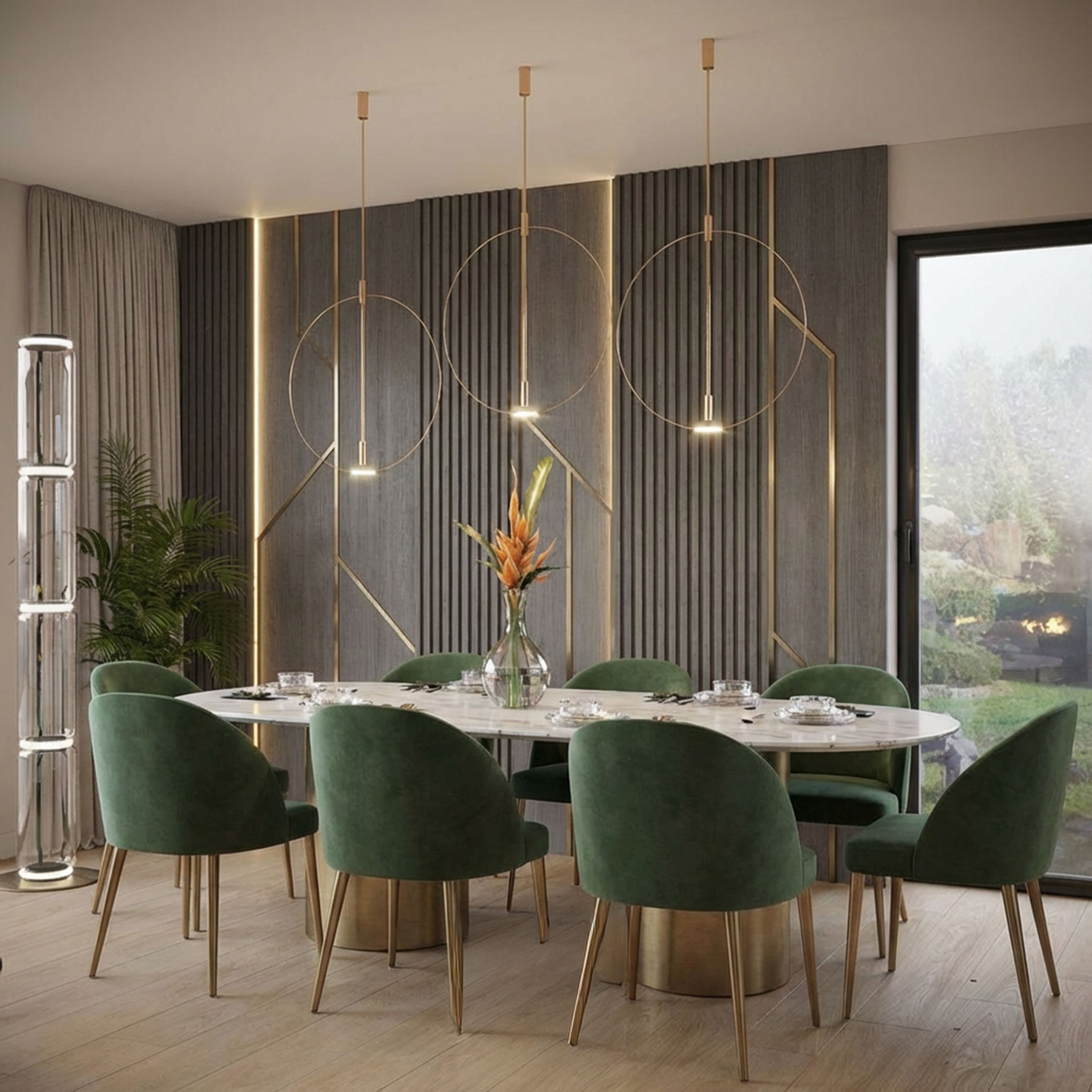 Art Deco Dining Room Design with Oval Marble Table and Velvet Chairs