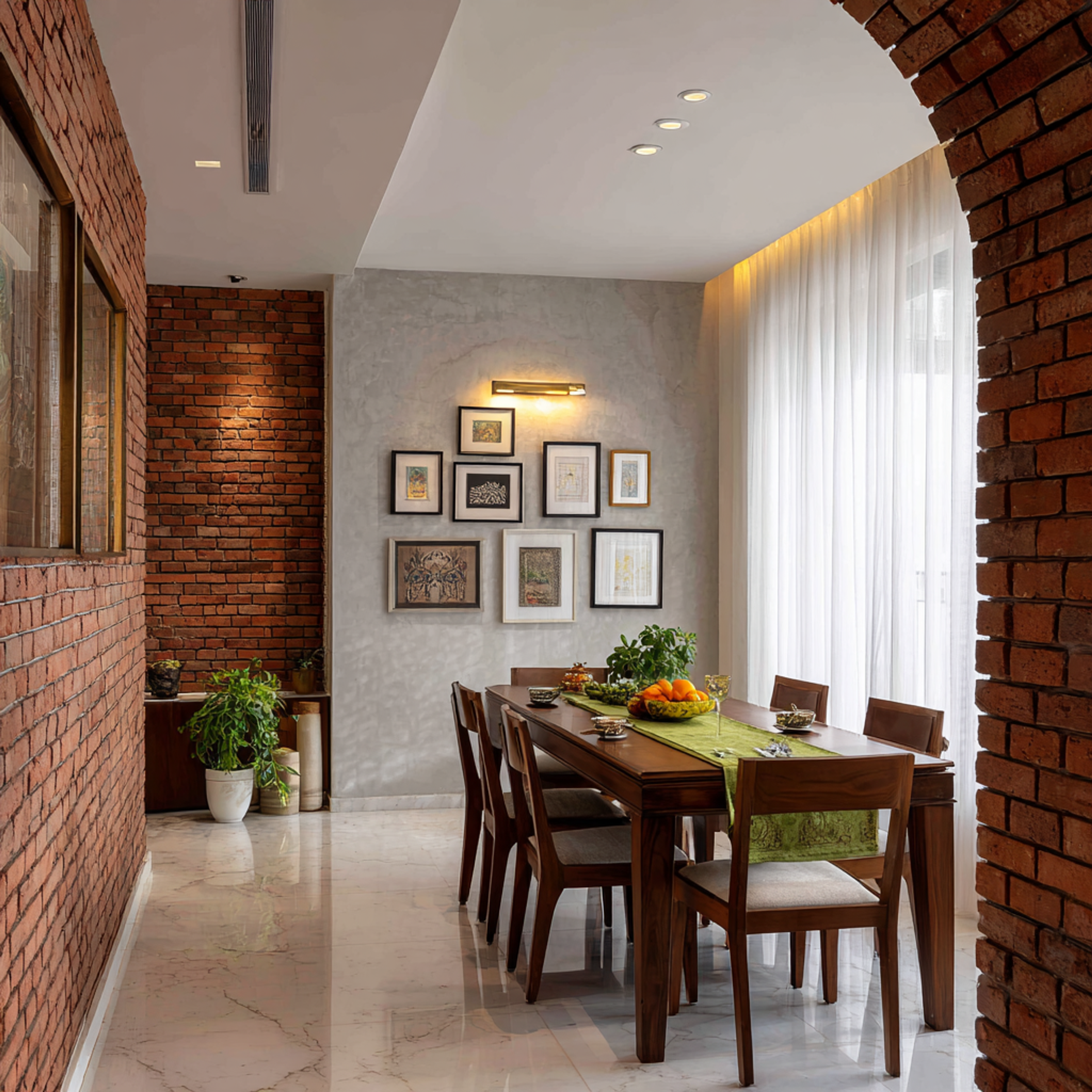 Contemporary 6-Seater Dining Room Design with Wooden Table and Gallery Wall