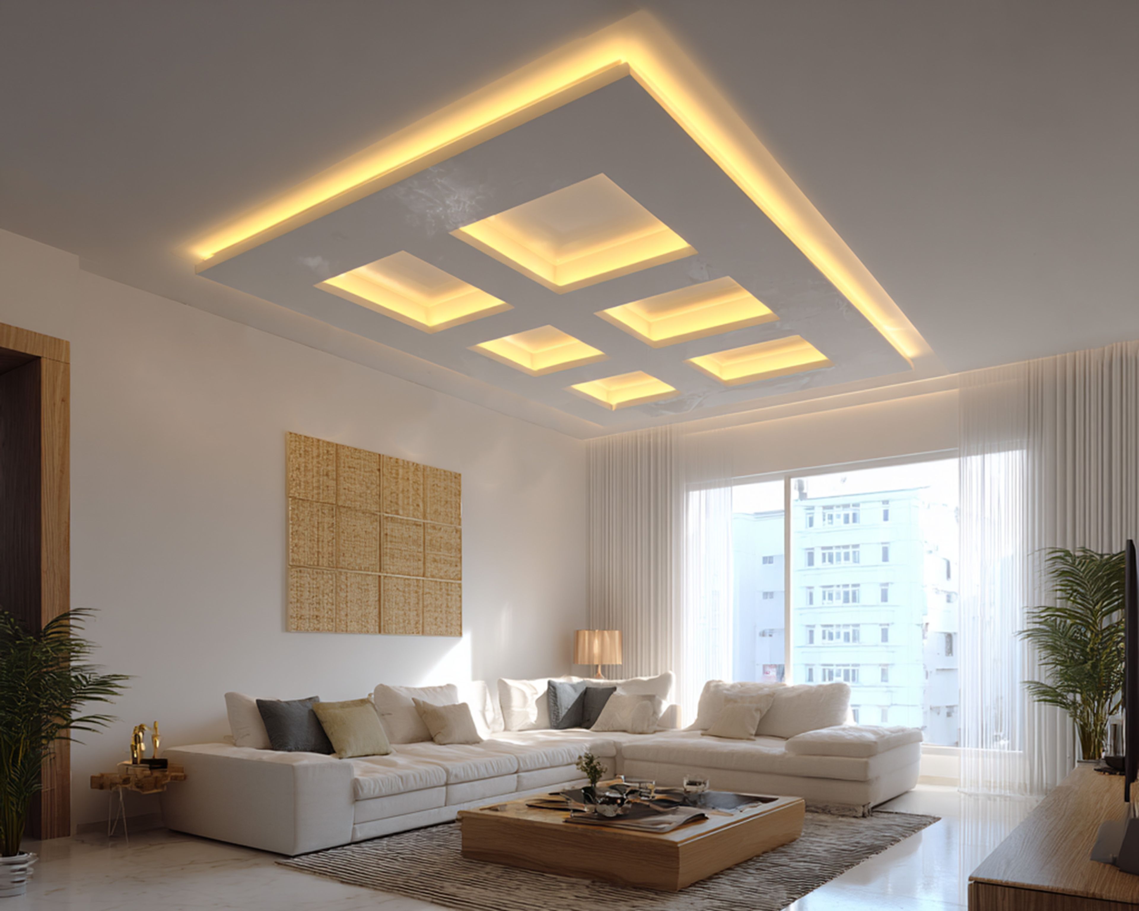Contemporary False Ceiling Design with Double Layer Painted Gypsum Structure
