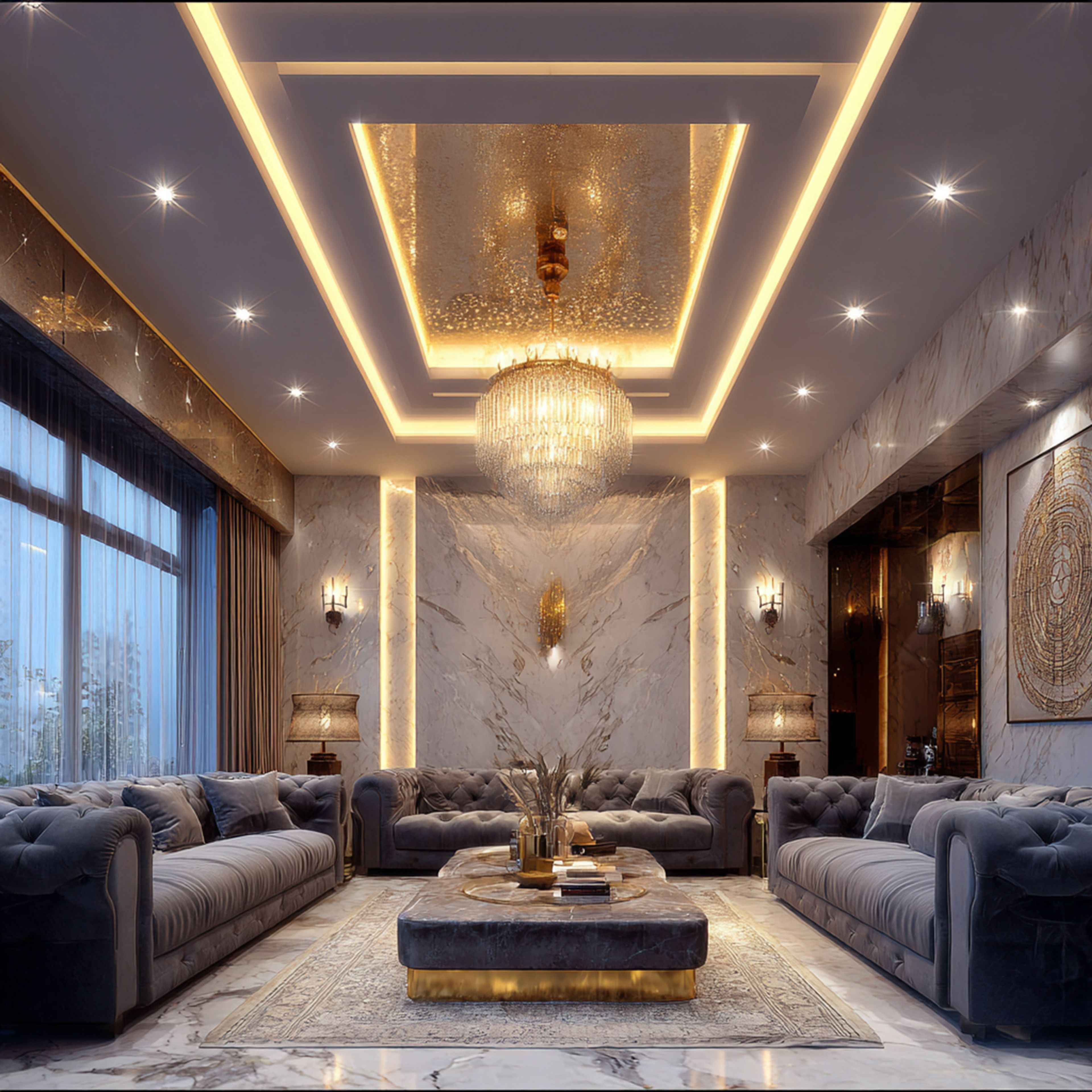 Modern False Ceiling Design with Triple Layer Painted Gypsum Structure Setup