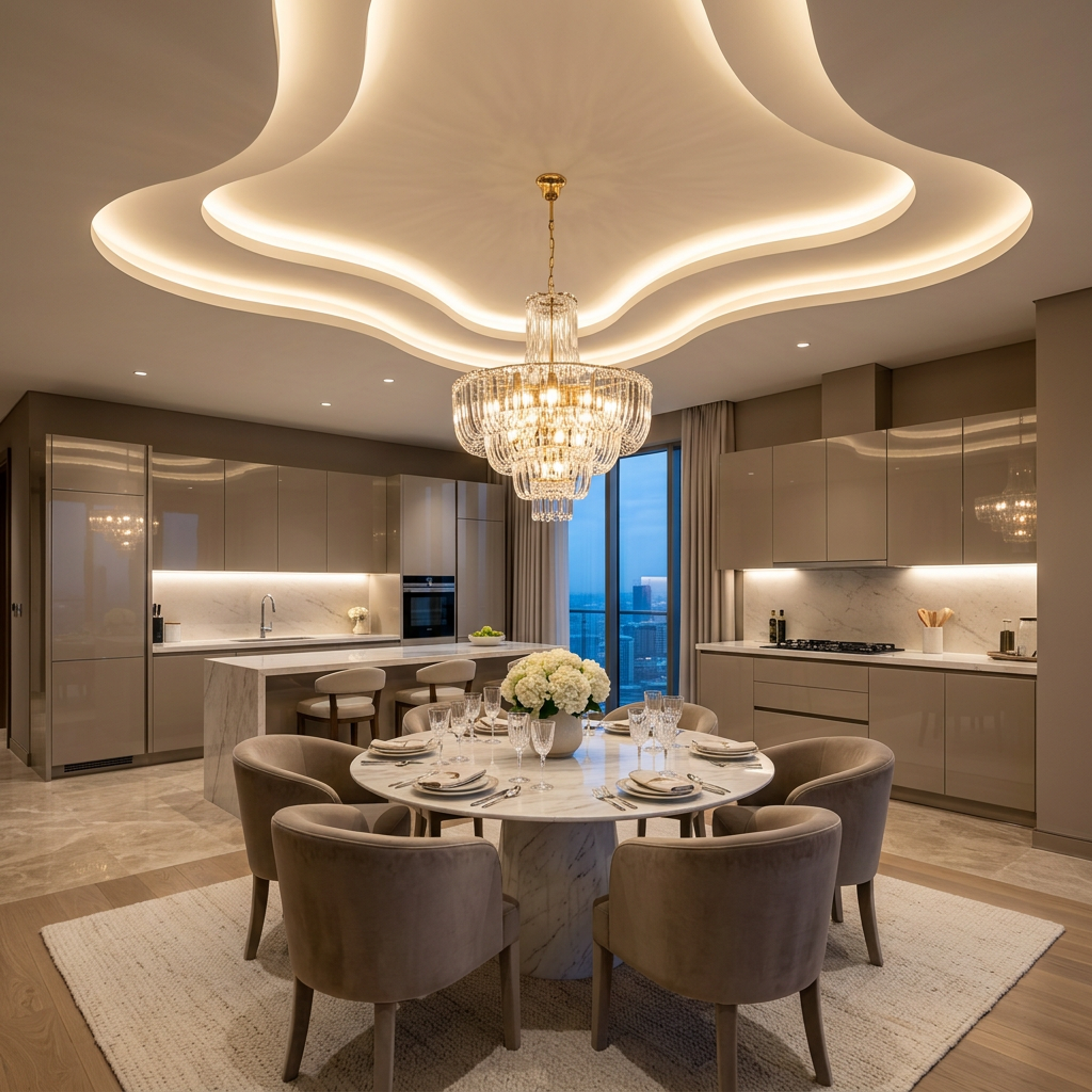 Modern False Ceiling Design with Curved Multi Layered Painted Gypsum Finish