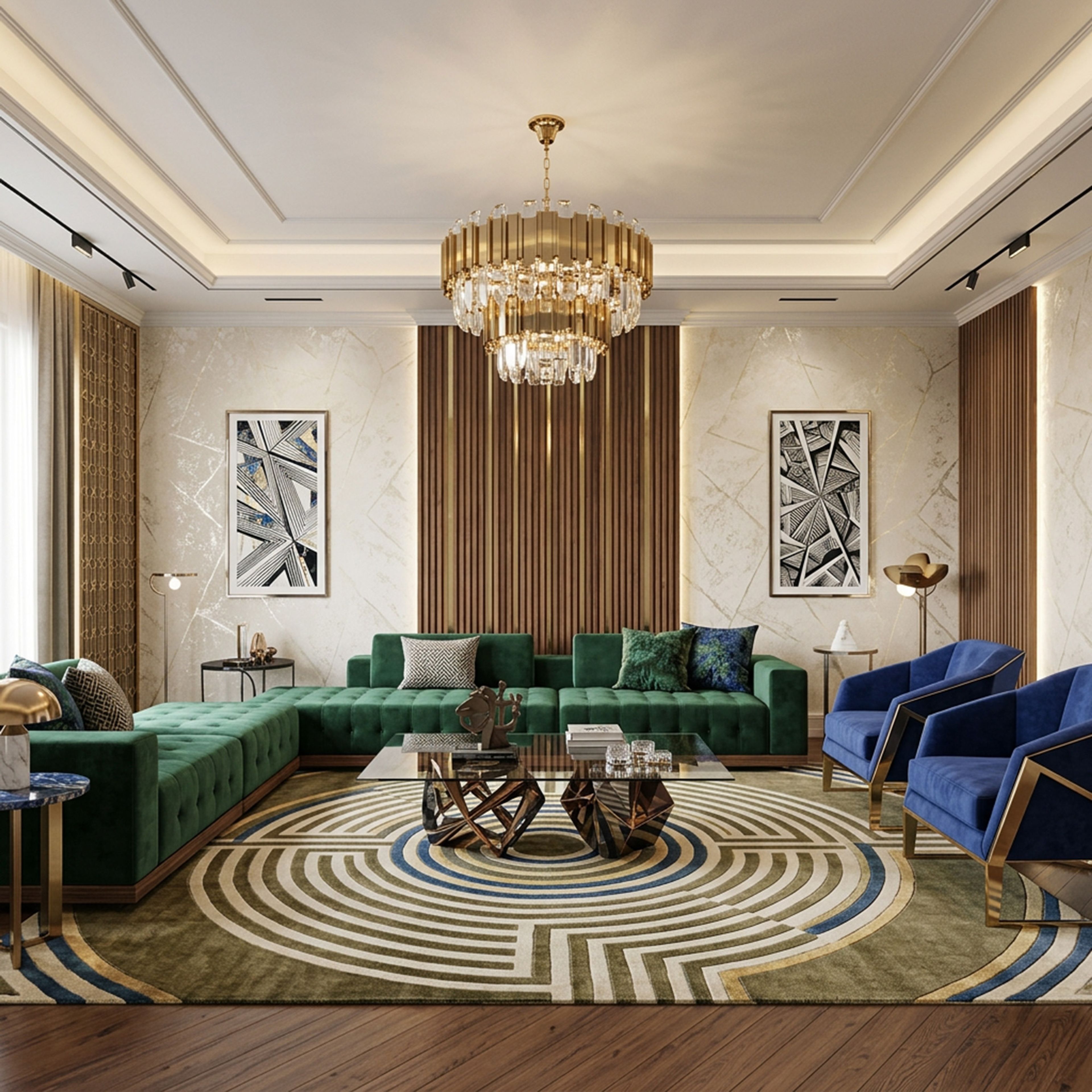 Rectangular Double Layer False Ceiling Design with Chandelier and Track Lighting
