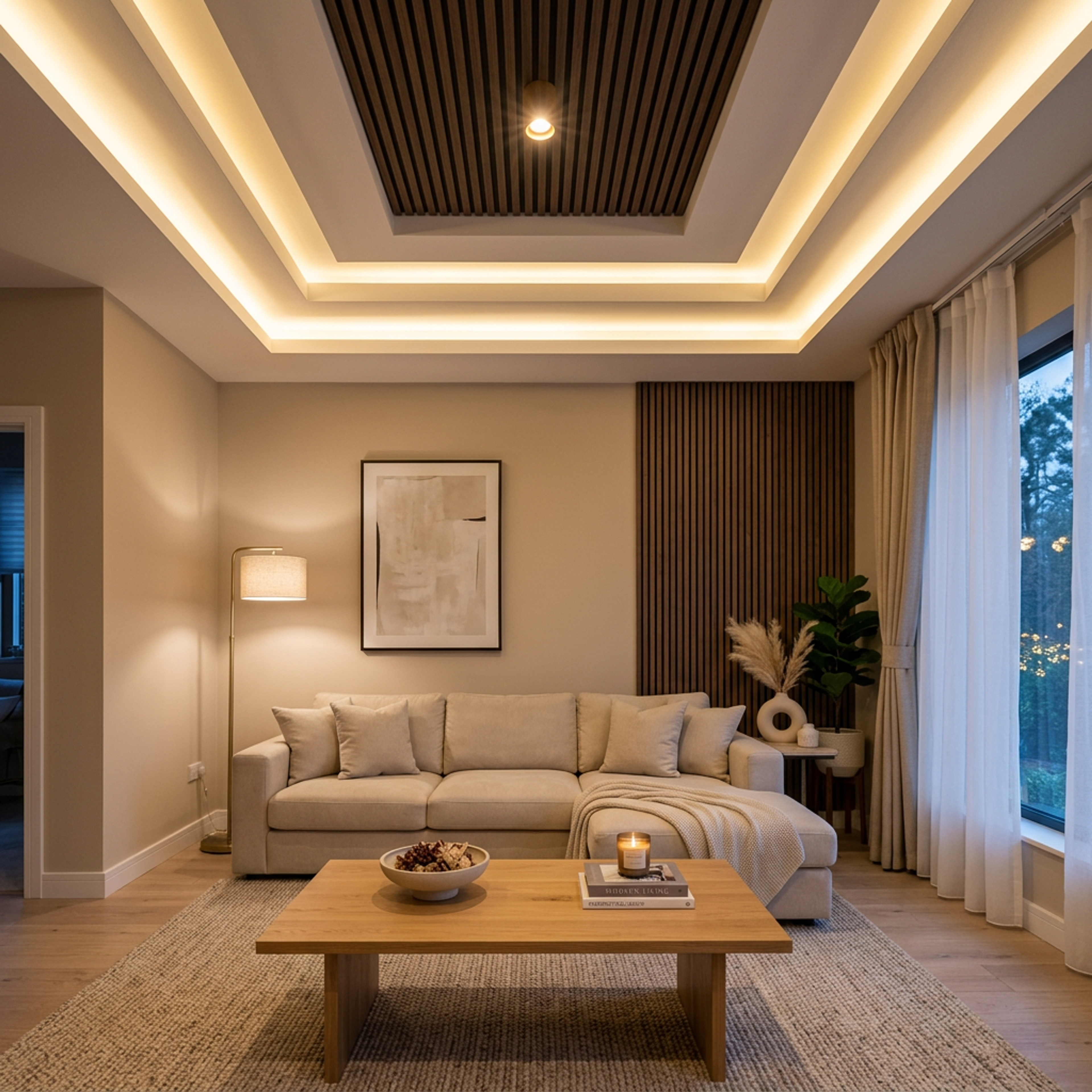 Multi-Layered Contemporary False Ceiling Design with Gypsum Louvers and Cove Lighting